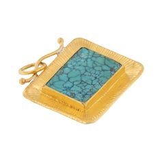 Pure 24 Karat Yellow Gold and Silver Turquoise Picture Frame Pendant