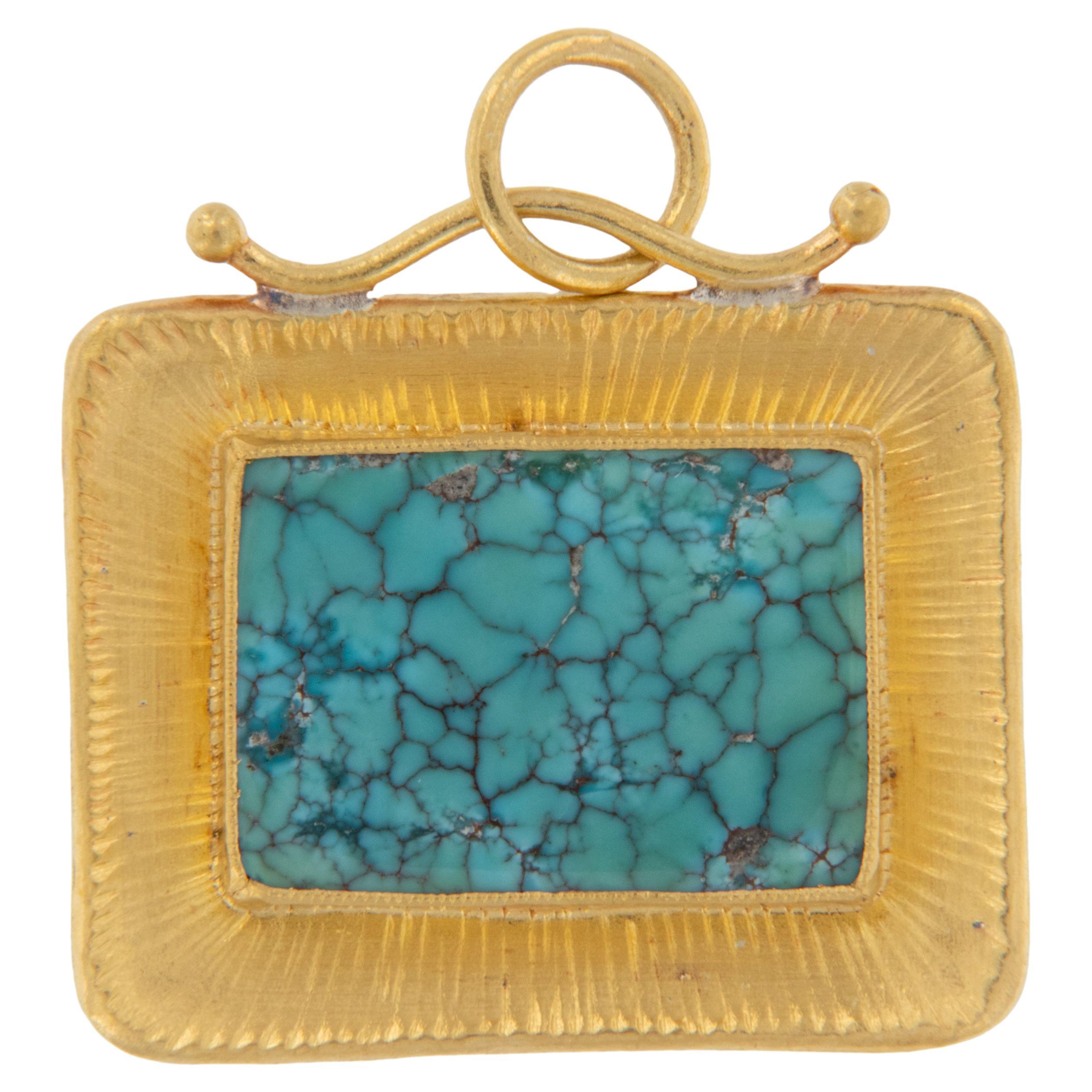 Pure 24 Karat Yellow Gold and Silver Turquoise Picture Frame Pendant For Sale