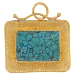 Pure 24 Karat Yellow Gold and Silver Turquoise Picture Frame Pendant