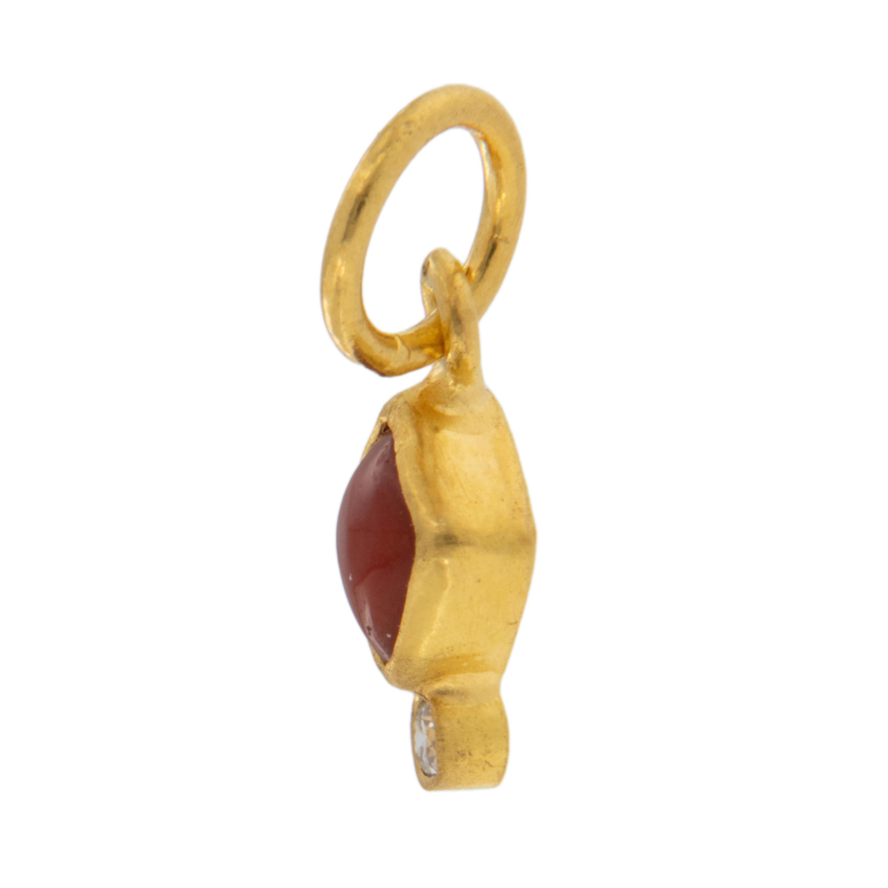 Cabochon Pure 24 Karat Yellow Gold Coral and Diamond Pendant Charm For Sale