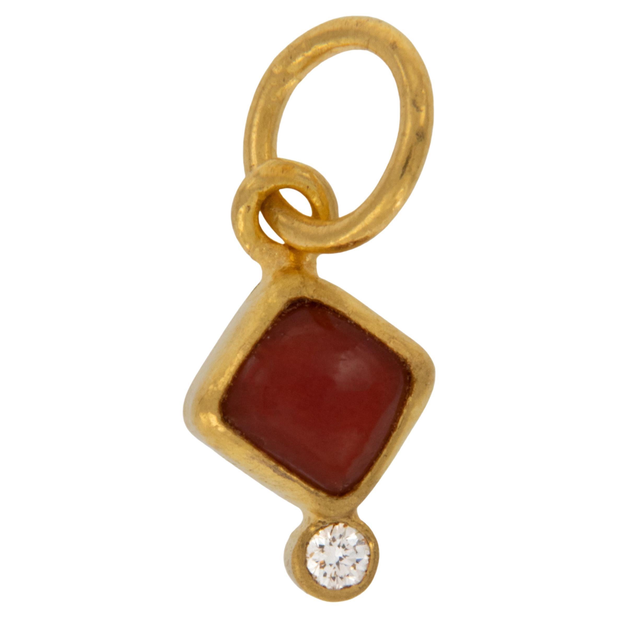 Pure 24 Karat Yellow Gold Coral and Diamond Pendant Charm For Sale