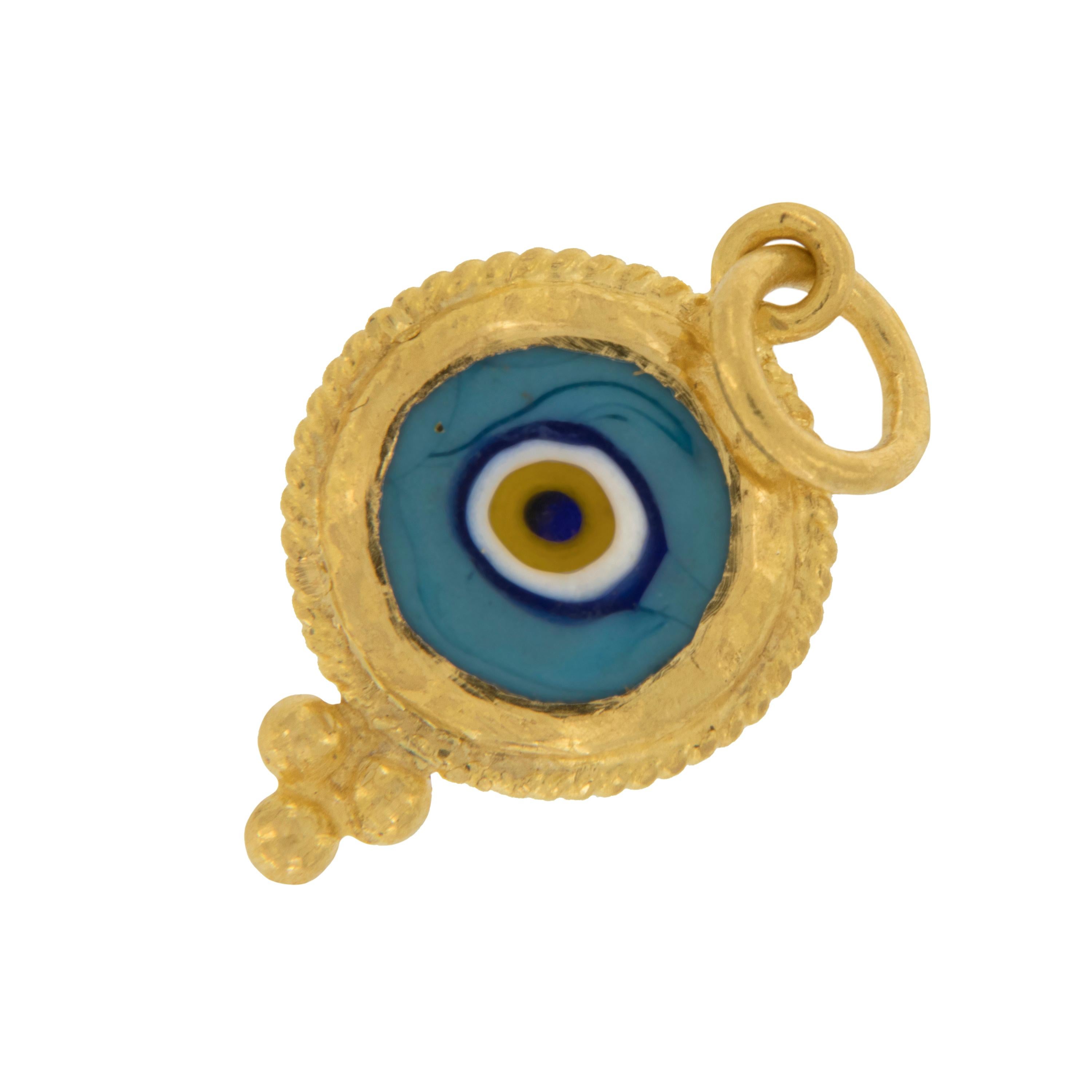 Rarest of all the golds, 24 karat gold is valued by all discerning investors. With it's unmistakable warm yellow color & hammered finish, this evil eye pendant / charm talisman is thought to keep you safe from curses. Light Blue: Color of the sky –