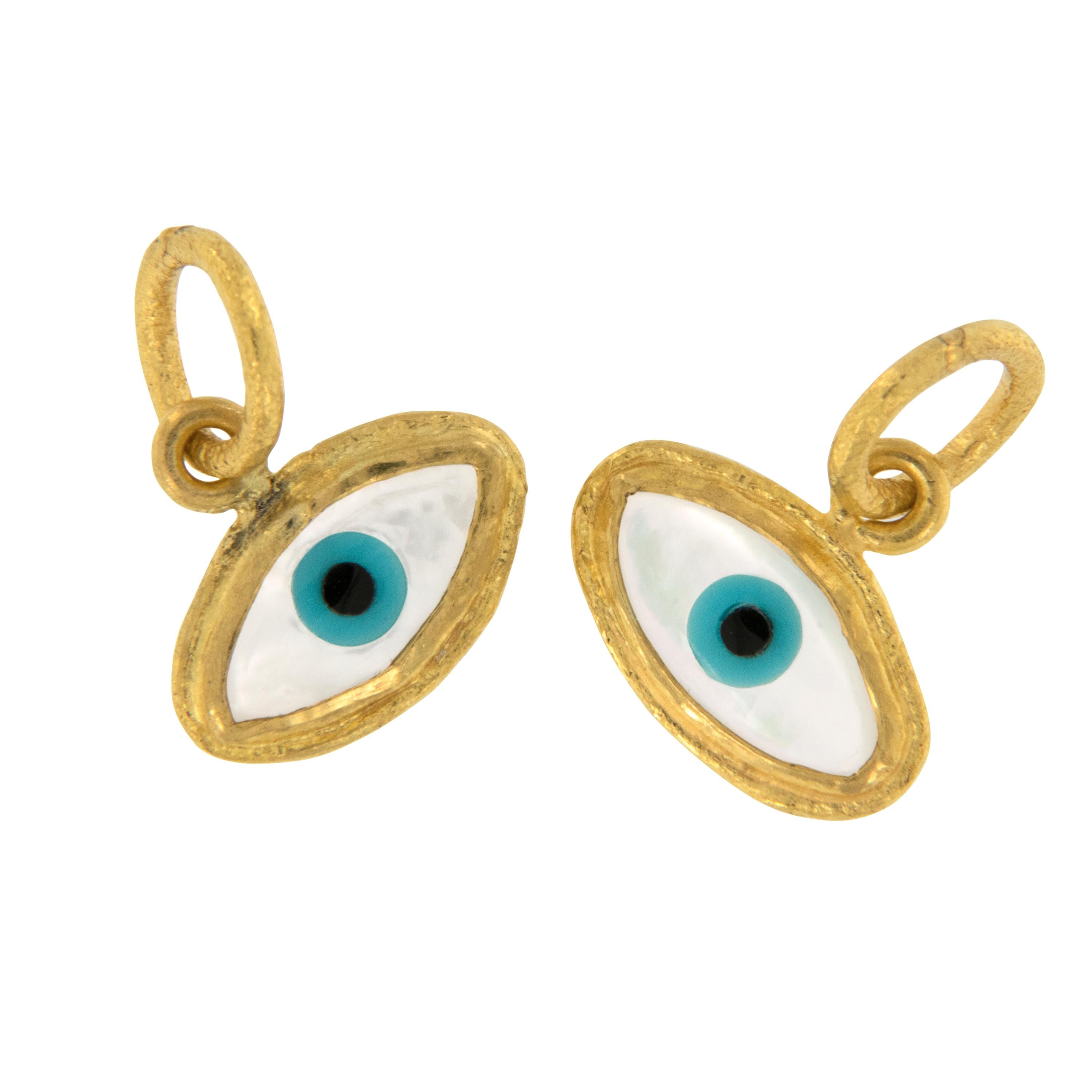 Rarest of all the golds, 24 karat gold is valued by all discerning investors. With it's unmistakable warm yellow color & hammered finish, this evil eye pendant / charm talisman is thought to keep you safe from curses. Light Blue: Color of the sky –