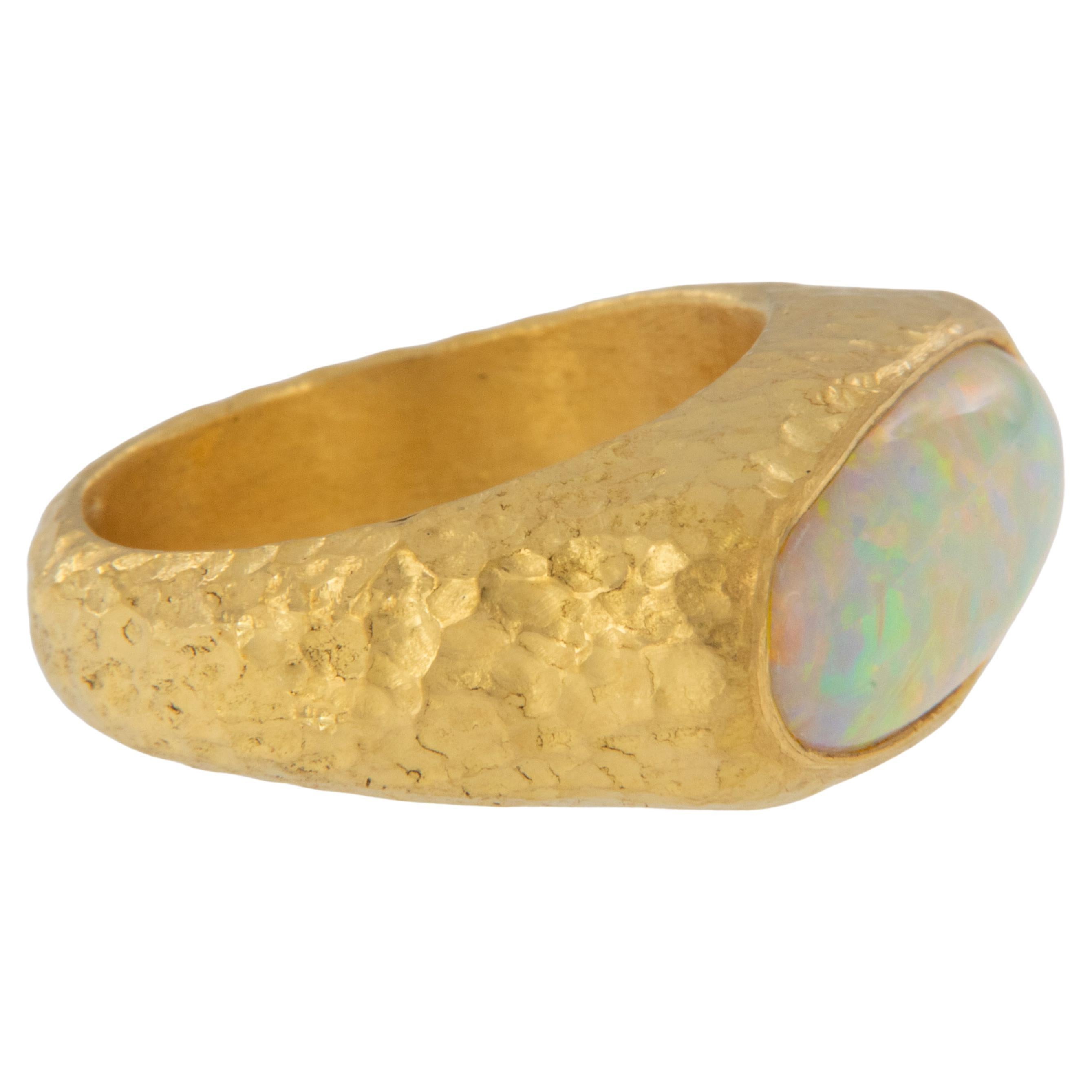 Pure 24 Karat Yellow Gold One of a Kind 5.29 Carat Australian Opal Ring For Sale