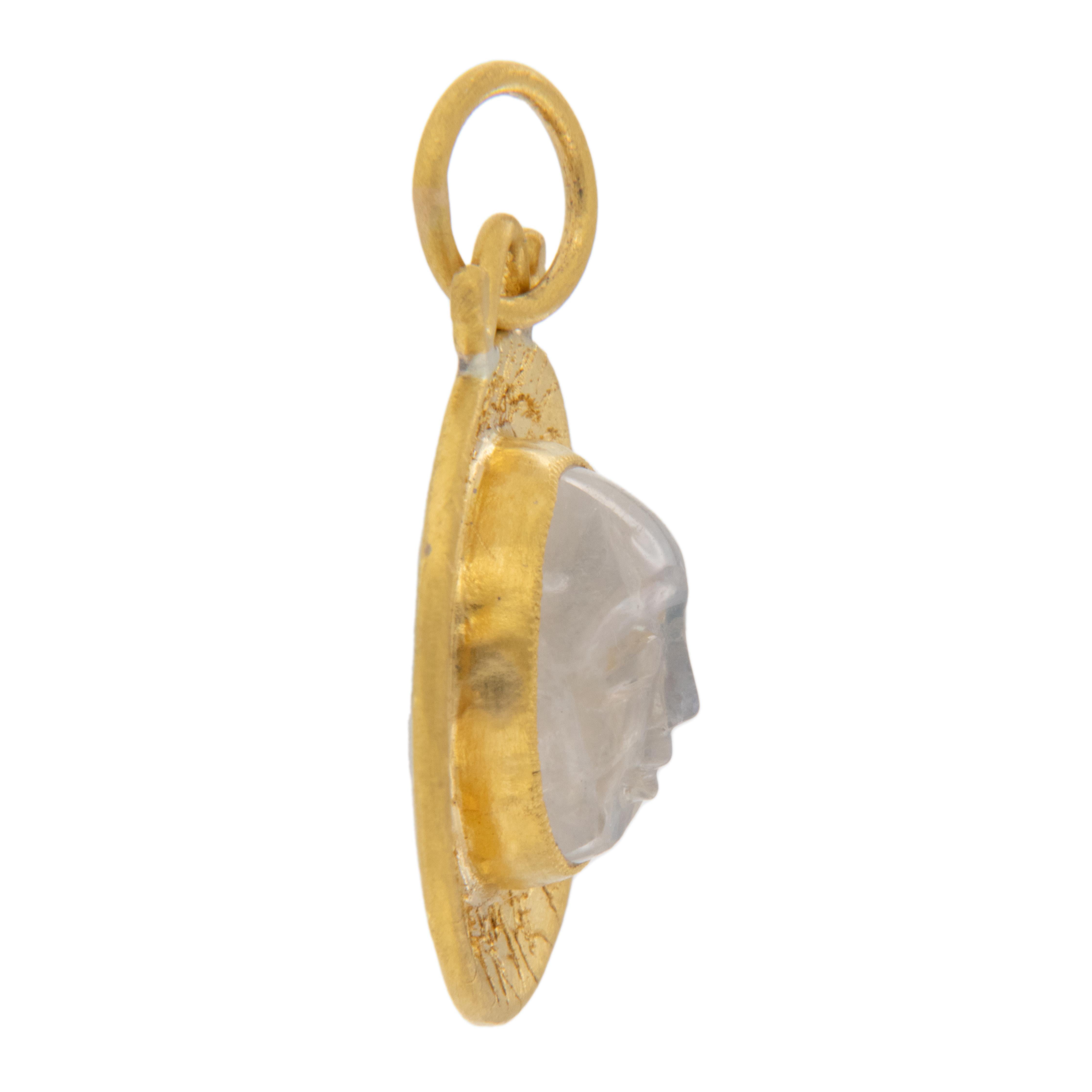 Pure 24 Karat Yellow Gold, Silver and Carved Moonstone Face Pendant Charm In New Condition In Troy, MI
