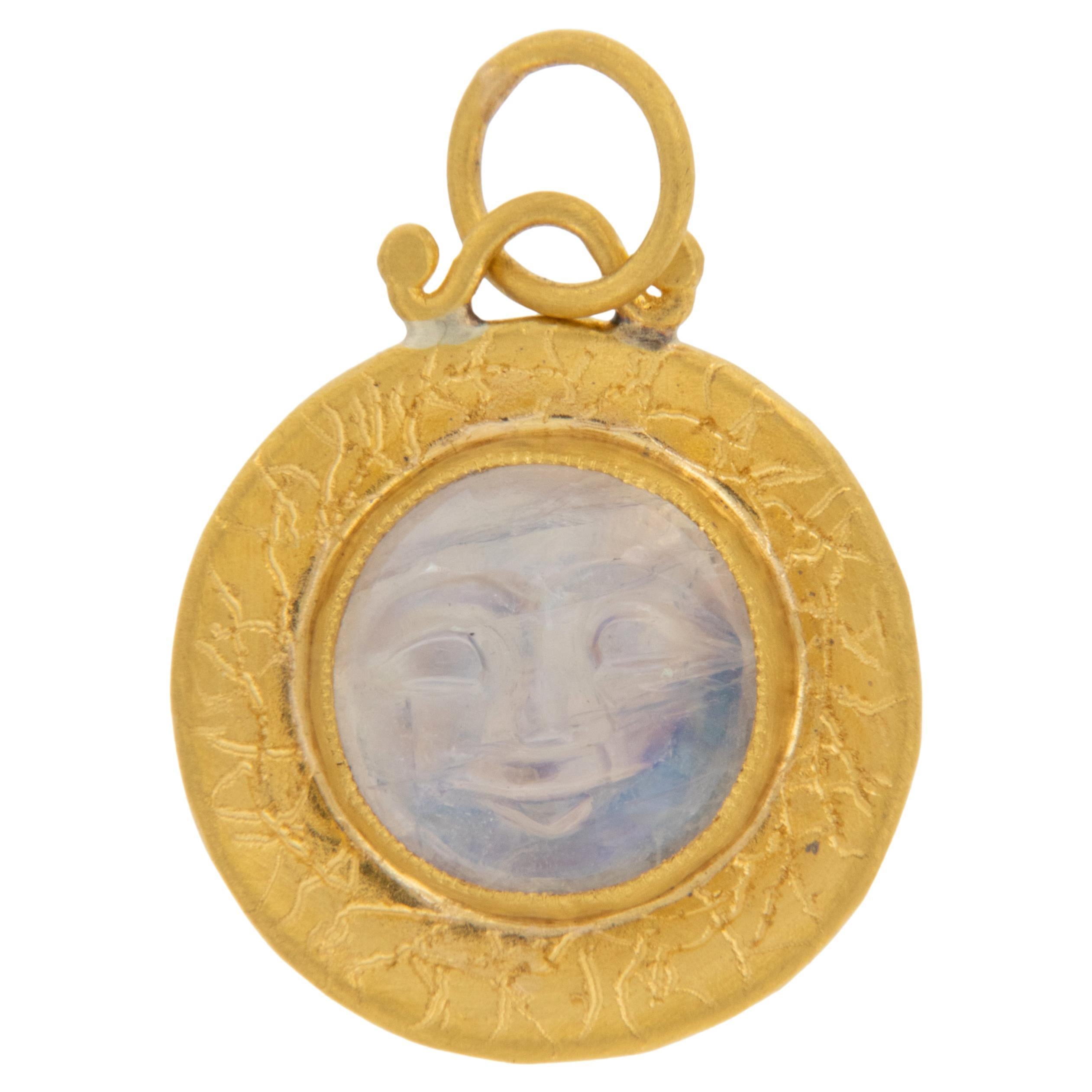 Pure 24 Karat Yellow Gold, Silver and Carved Moonstone Face Pendant Charm