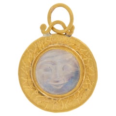 Pure 24 Karat Yellow Gold, Silver and Carved Moonstone Face Pendant Charm