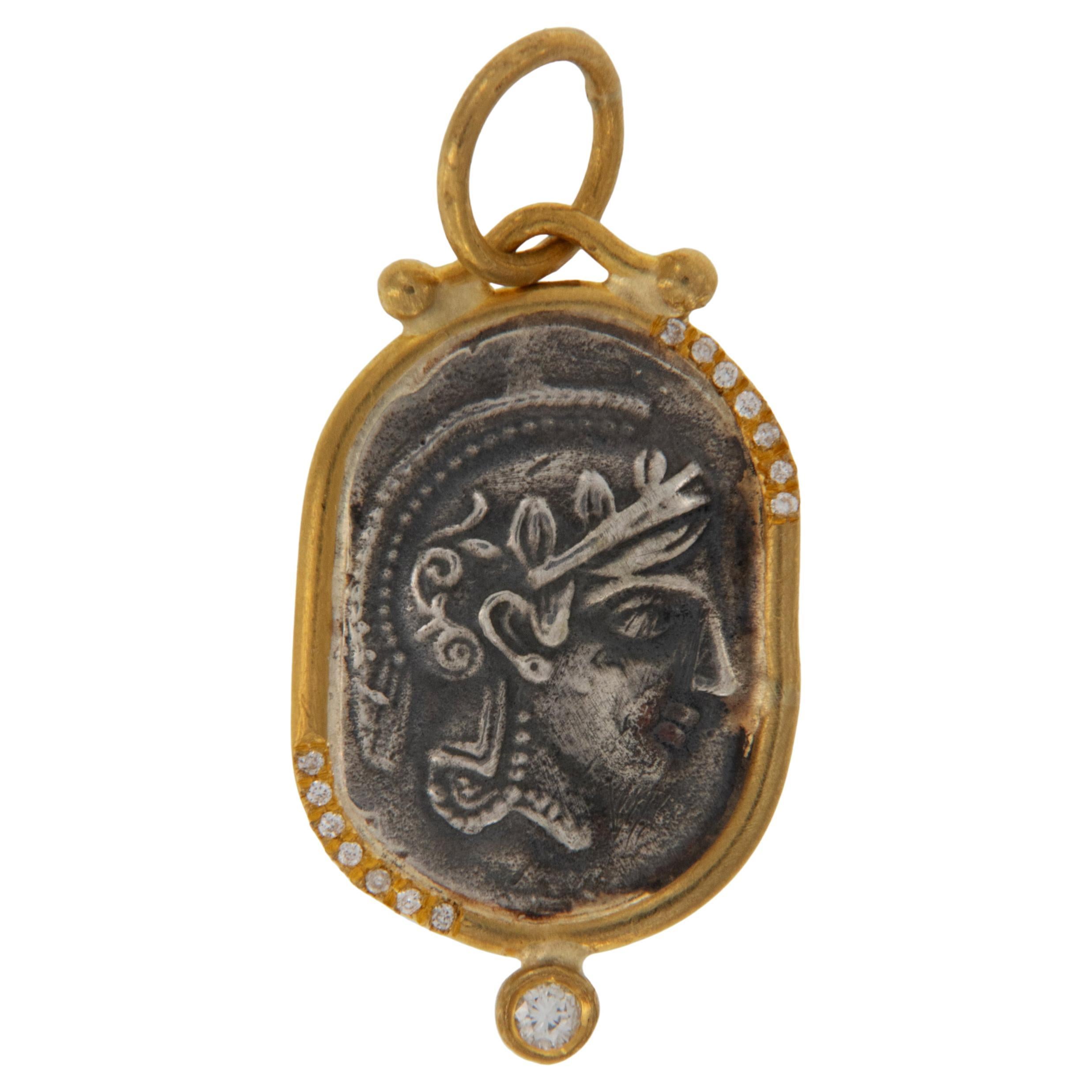 Pure 24 Karat Yellow Gold Silver and Diamond Replica Athena Goddess Coin Pendant