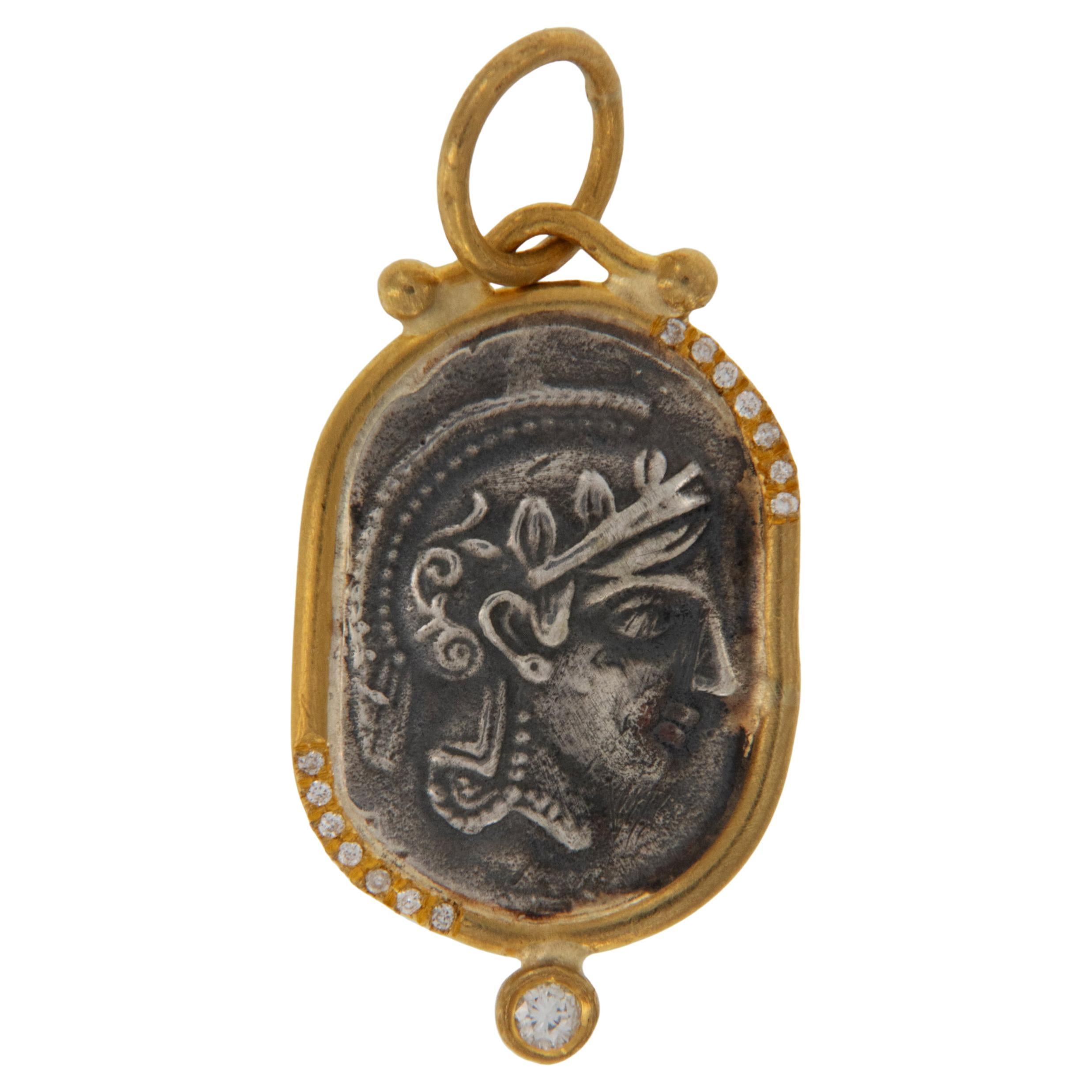 Pure 24 Karat Yellow Gold Silver and Diamond Replica Athena Goddess Coin Pendant