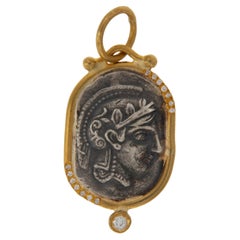 Pure 24 Karat Yellow Gold Silver and Diamond Replica Athena Goddess Coin Pendant