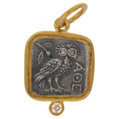 Pure 24 Karat Yellow Gold Silver and Diamond Replica Athena's Owl Coin Pendant