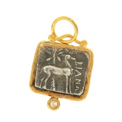 Pure 24 Karat Yellow Gold & Silver and Diamond Replica Ephesus Coin Pendant