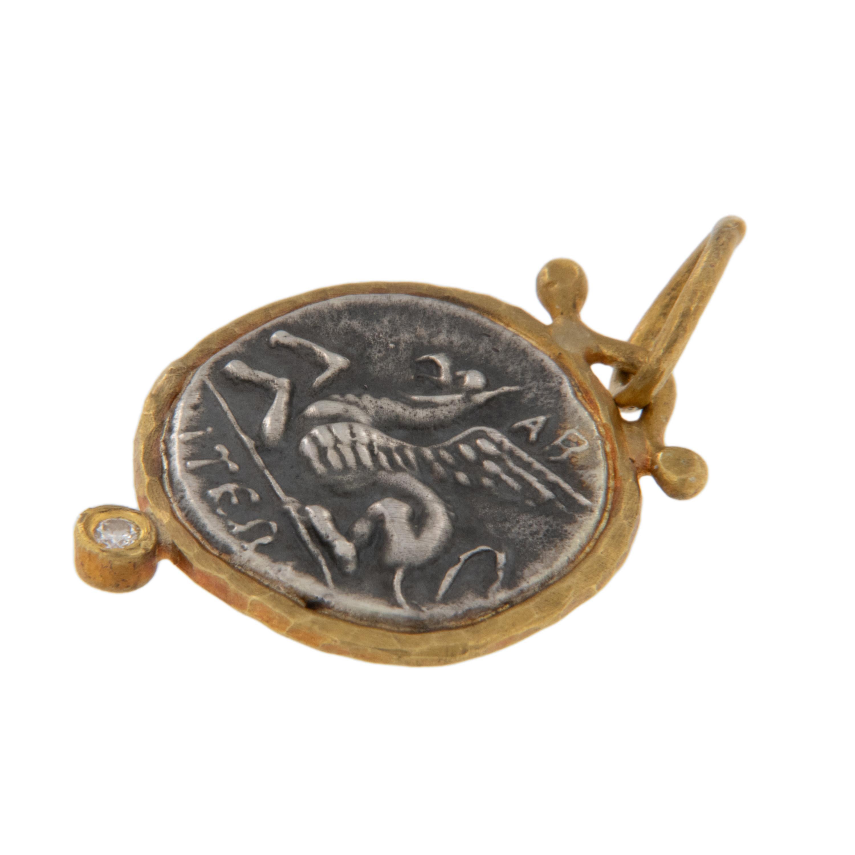 Classical Greek Pure 24 Karat Yellow Gold Silver and Diamond Replica Pegasus Coin Pendant Charm For Sale