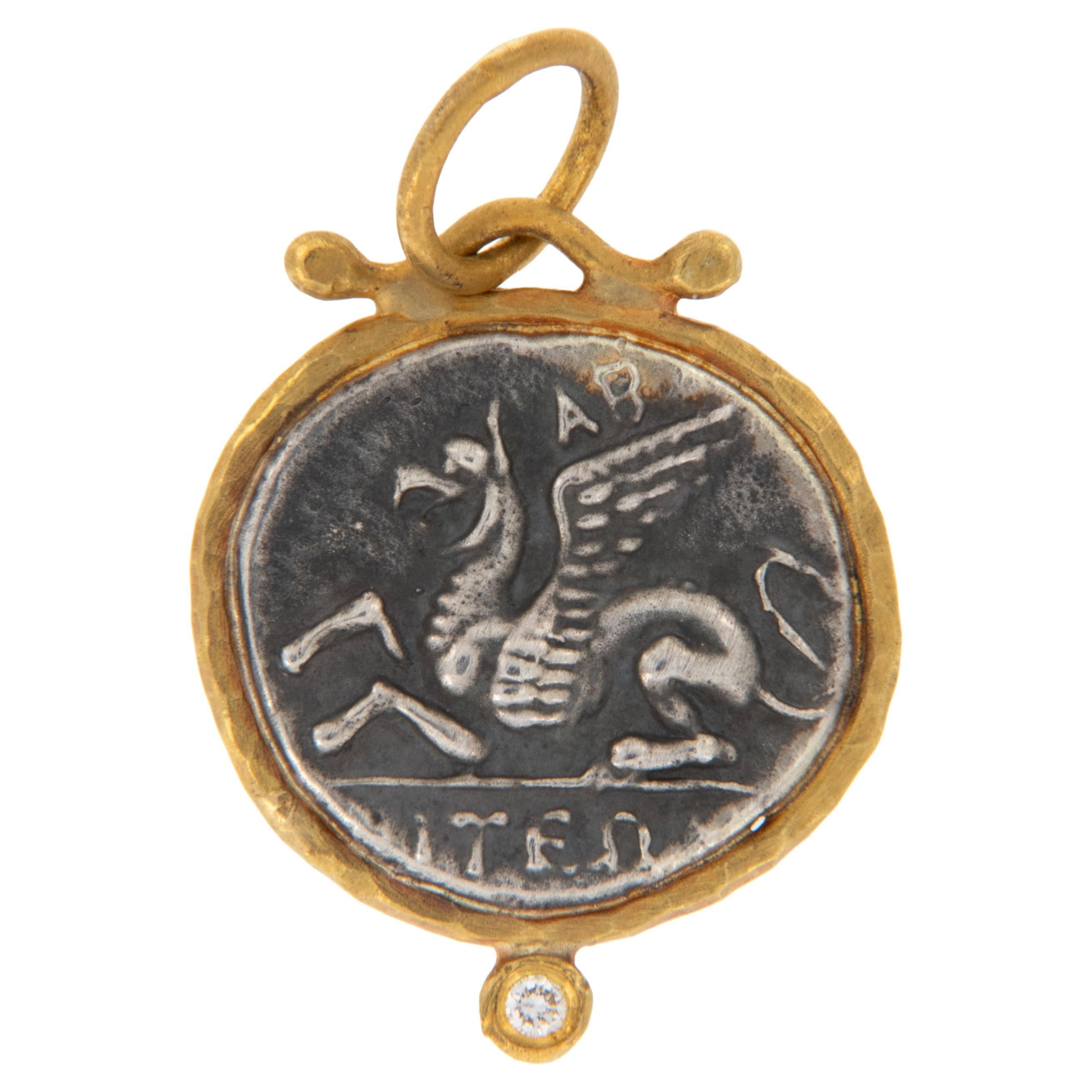 Pure 24 Karat Yellow Gold Silver and Diamond Replica Pegasus Coin Pendant Charm