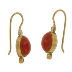 Pure 24 Karat Yellow Gold,  Silver, Coral and Diamond Wire Drop Earrings