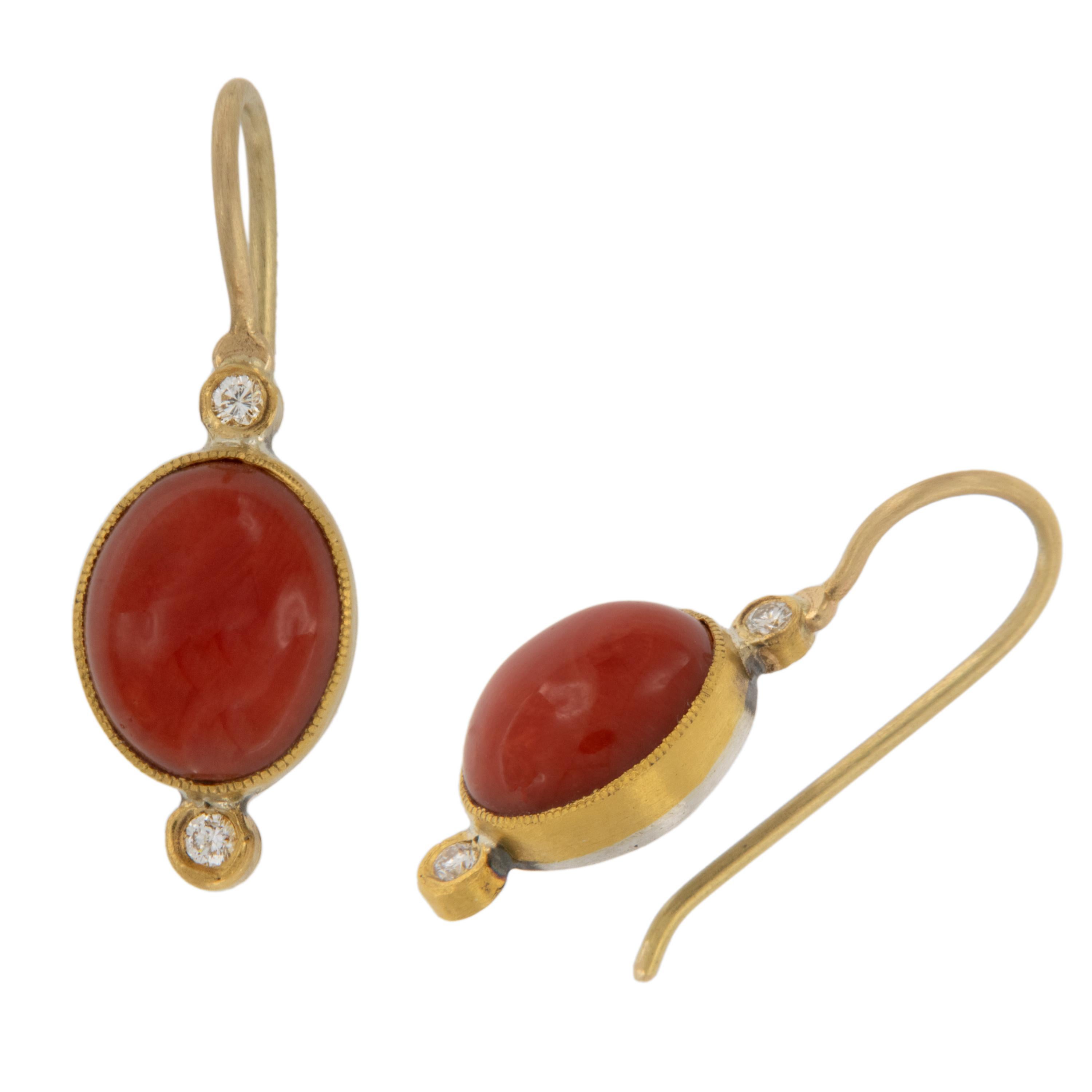 Byzantine Pure 24 Karat Yellow Gold,  Silver, Coral and Diamond Wire Drop Earrings For Sale