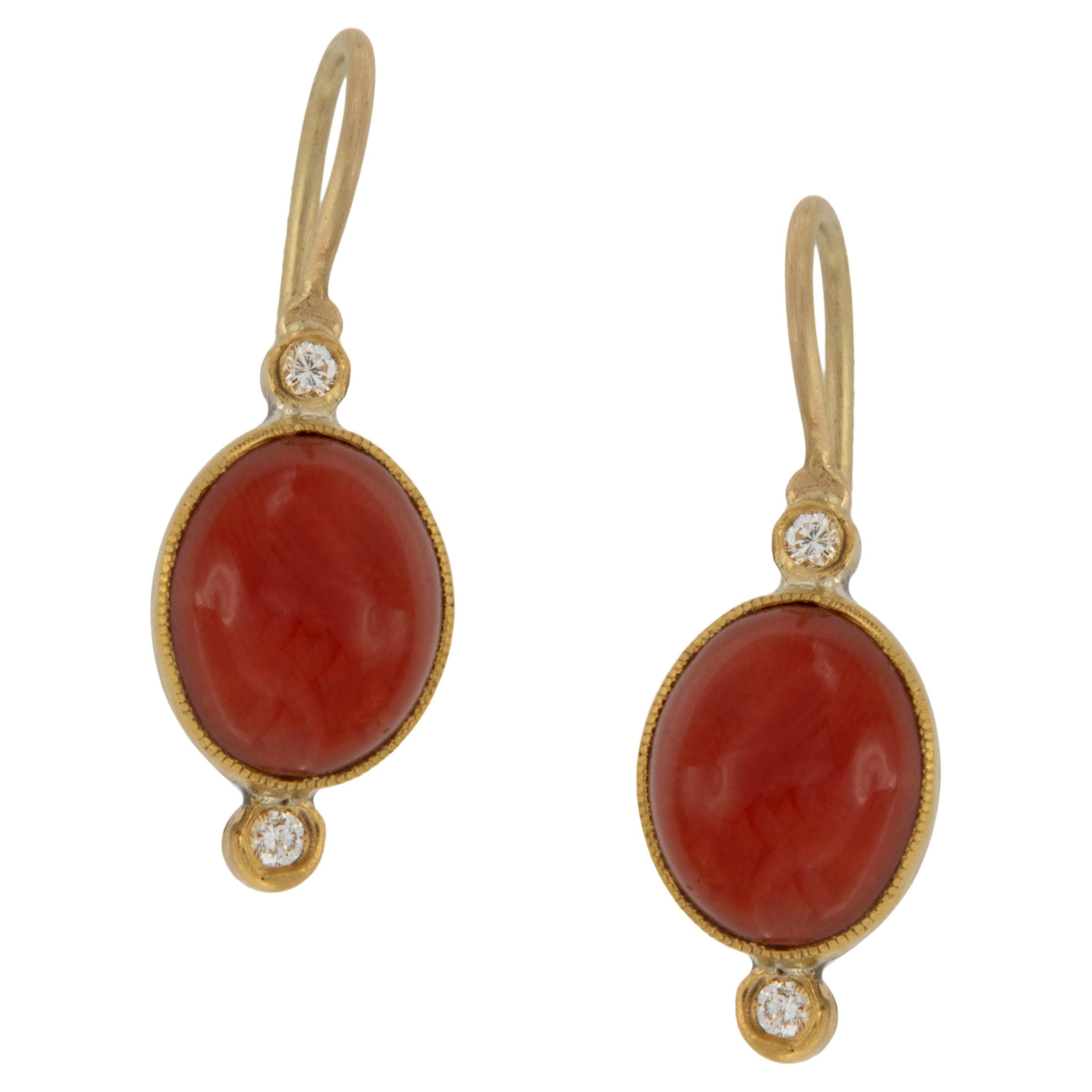 Pure 24 Karat Yellow Gold,  Silver, Coral and Diamond Wire Drop Earrings For Sale