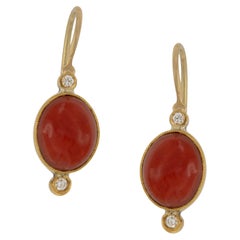 Pure 24 Karat Yellow Gold,  Silver, Coral and Diamond Wire Drop Earrings