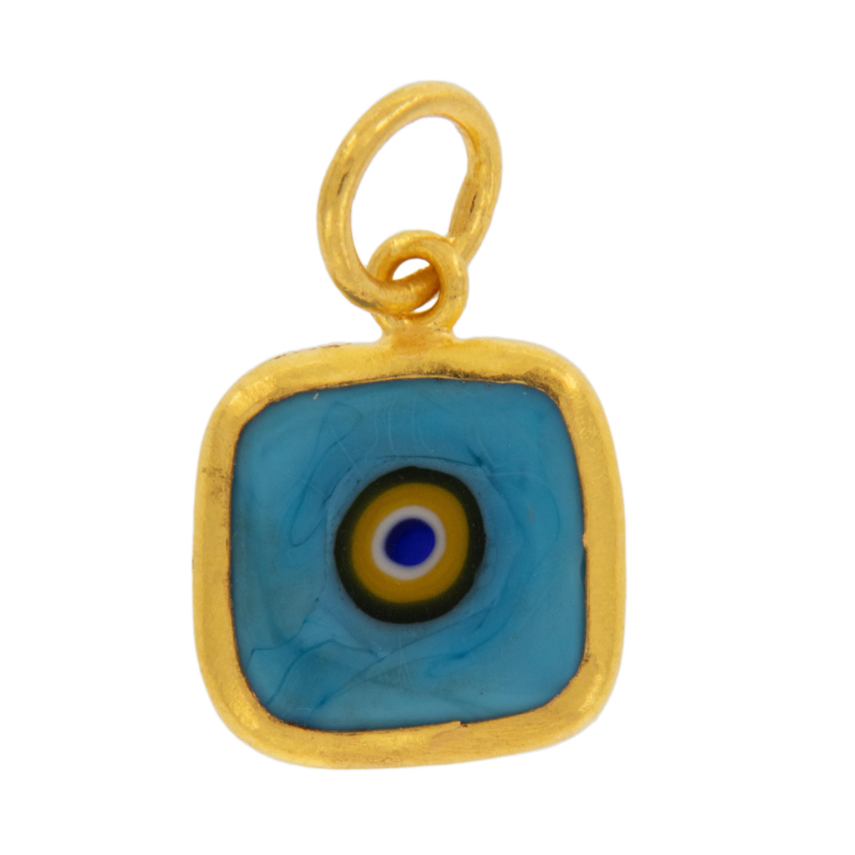 Nothing is more luxurious than pure 24 karat gold! It has such a warm, sunshine reminiscent color that is further enhanced with the color of turquoise- people the world over have revered turquoise as a good luck stone for centuries. This evil eye