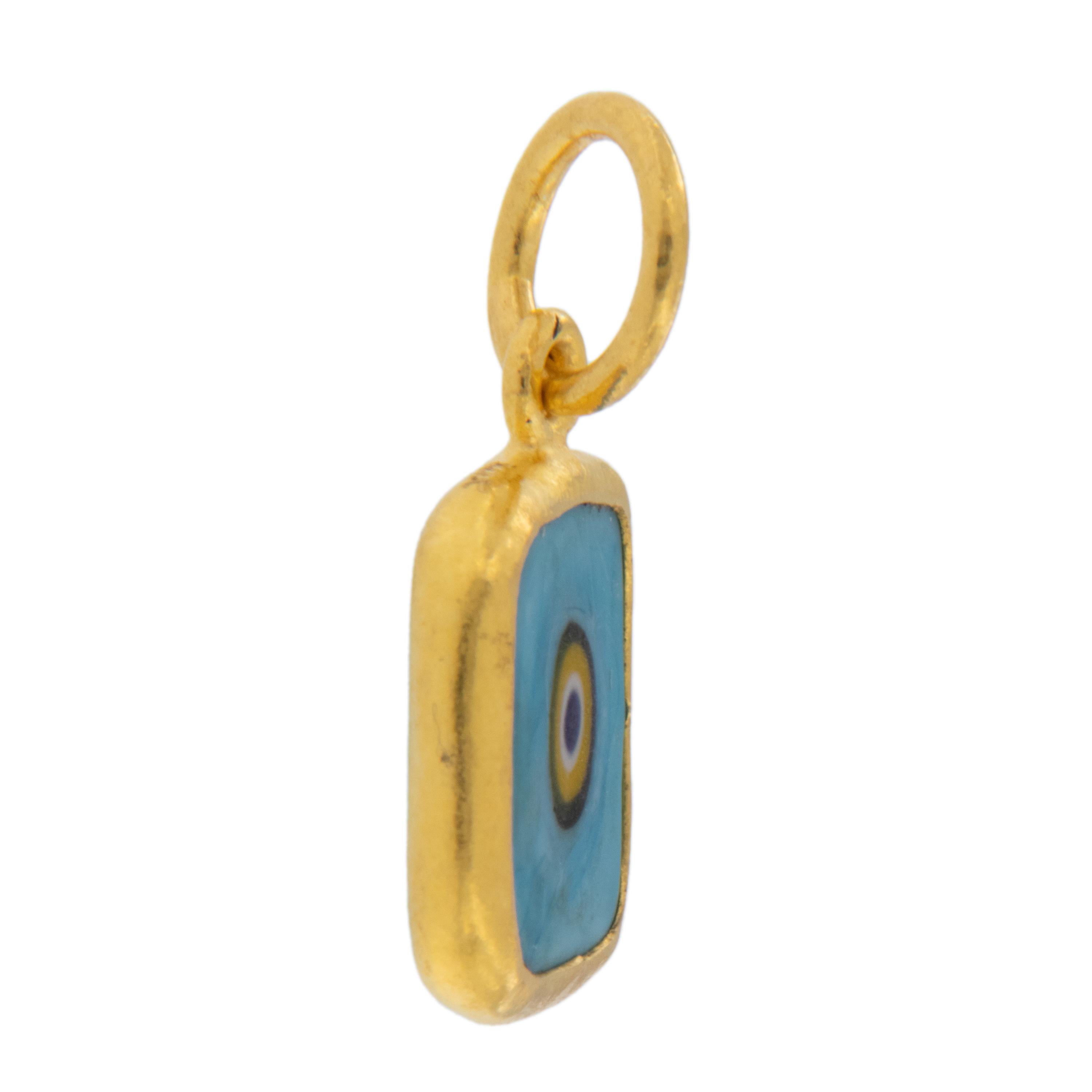 Byzantine  Pure 24 Karat Yellow Gold Square Turquoise Color Evil Eye Pendant Charm For Sale