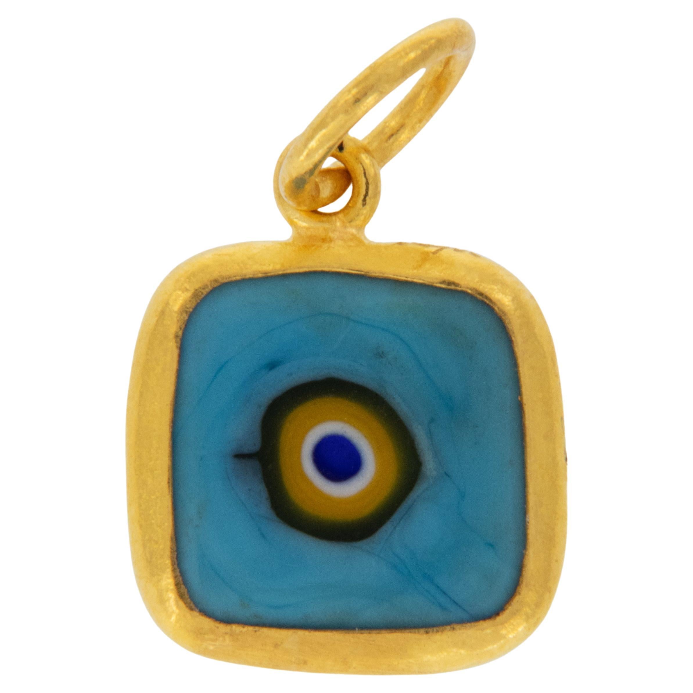  Pure 24 Karat Yellow Gold Square Turquoise Color Evil Eye Pendant Charm For Sale