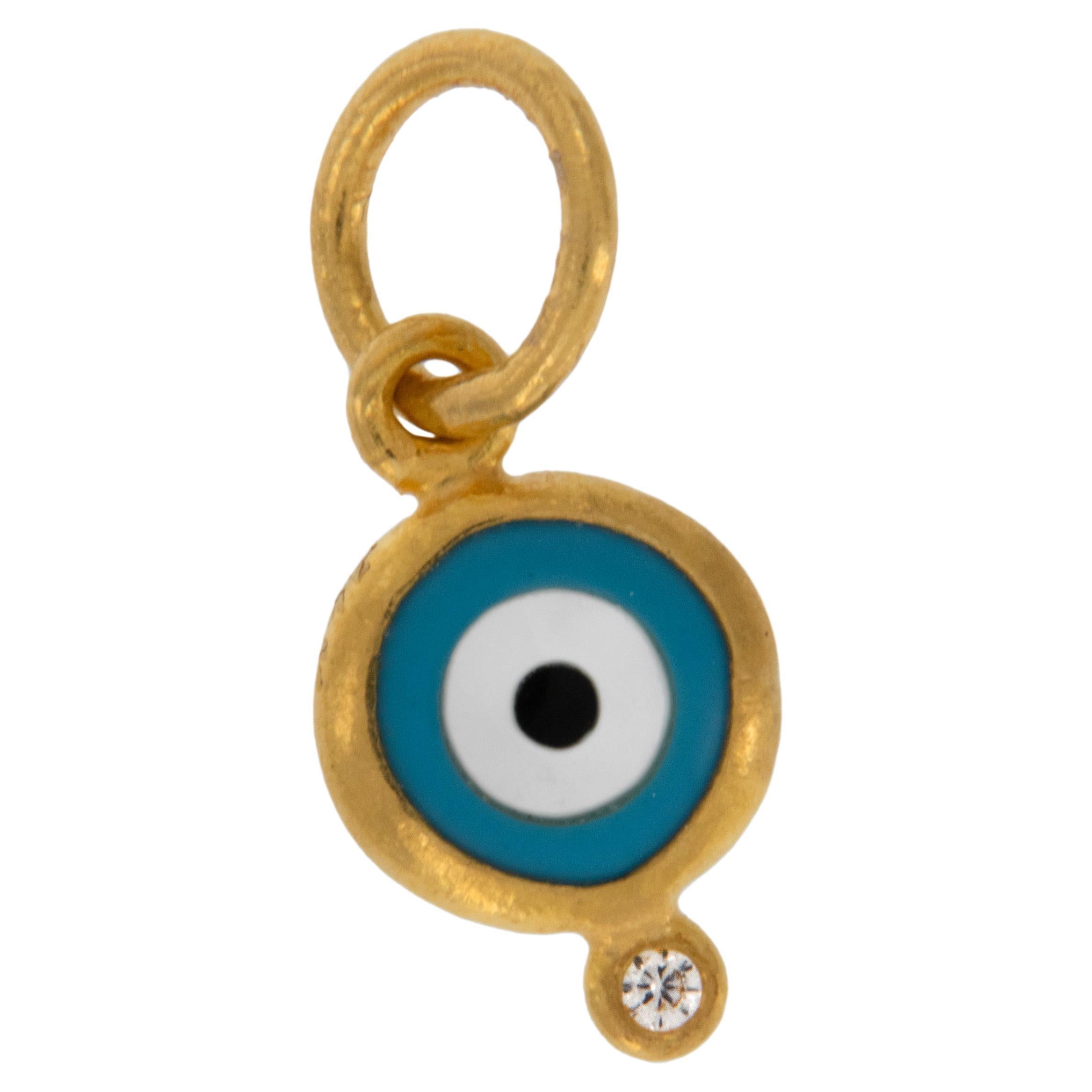  Pure 24 Karat Yellow Gold Turquoise Color Diamond Evil Eye Pendant Charm