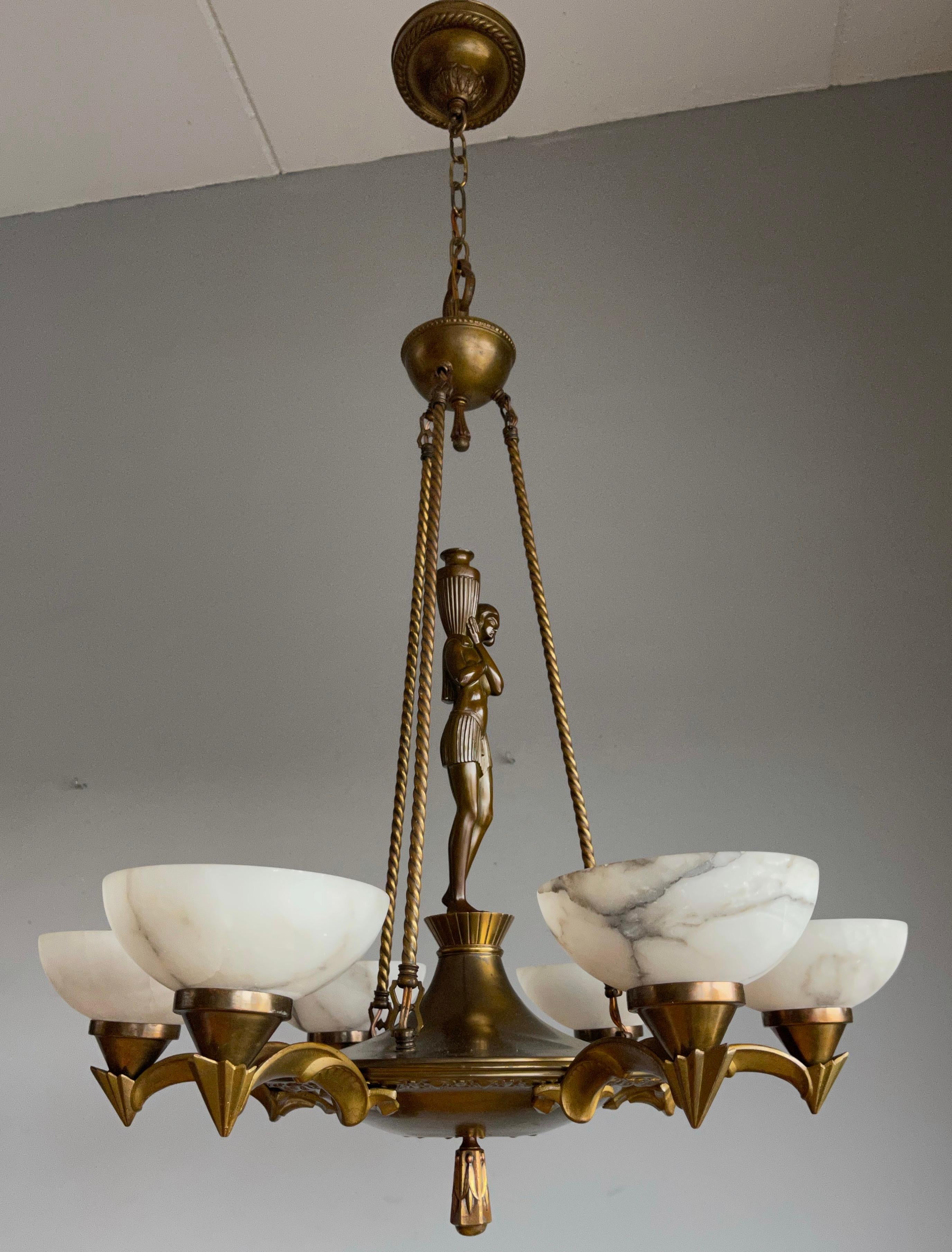 Pure and Stylish Art Deco Sculpture Chandelier w Stunning Alabaster Shades 1920s For Sale 1