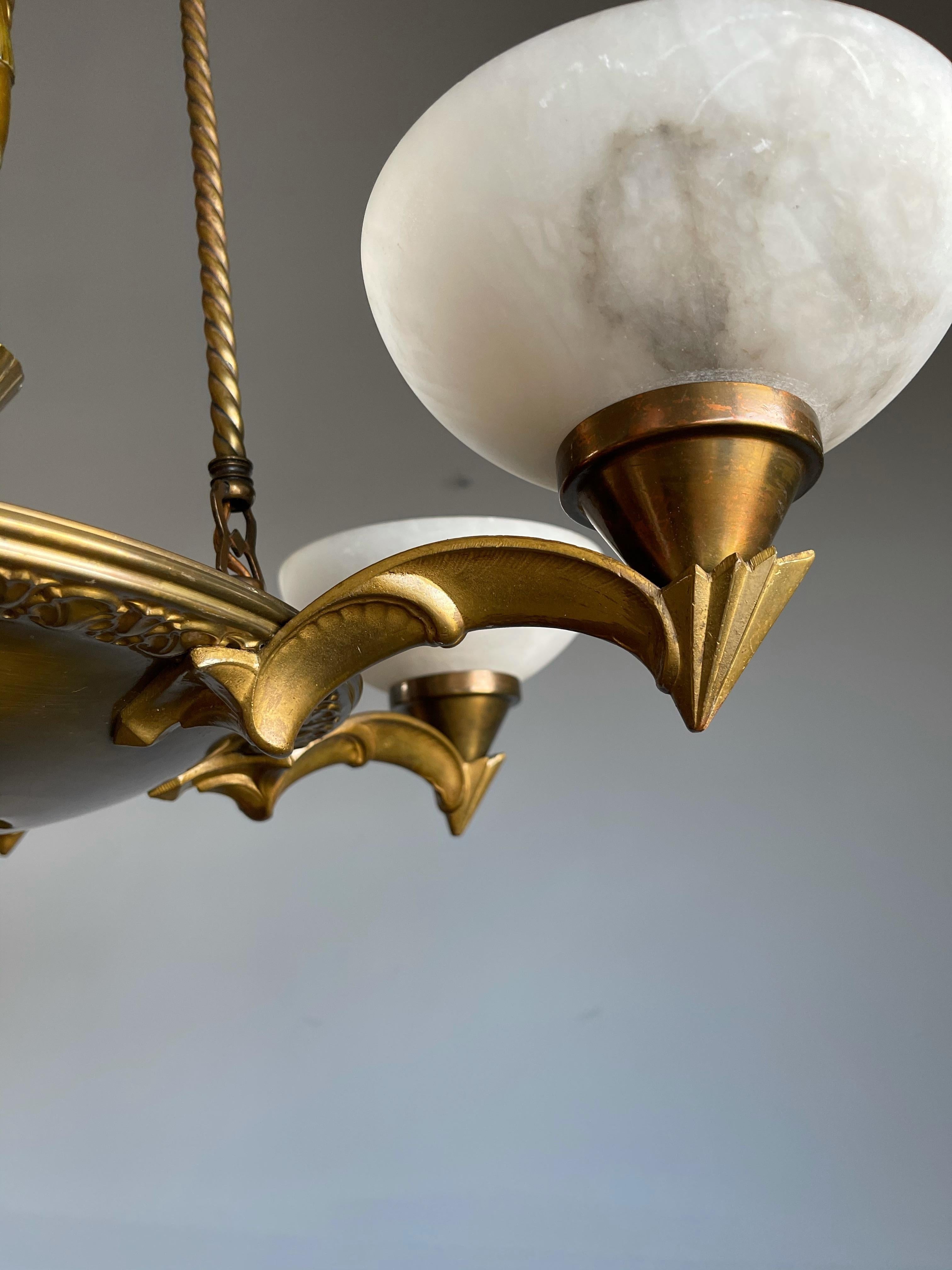 Pure and Stylish Art Deco Sculpture Chandelier w Stunning Alabaster Shades 1920s For Sale 3