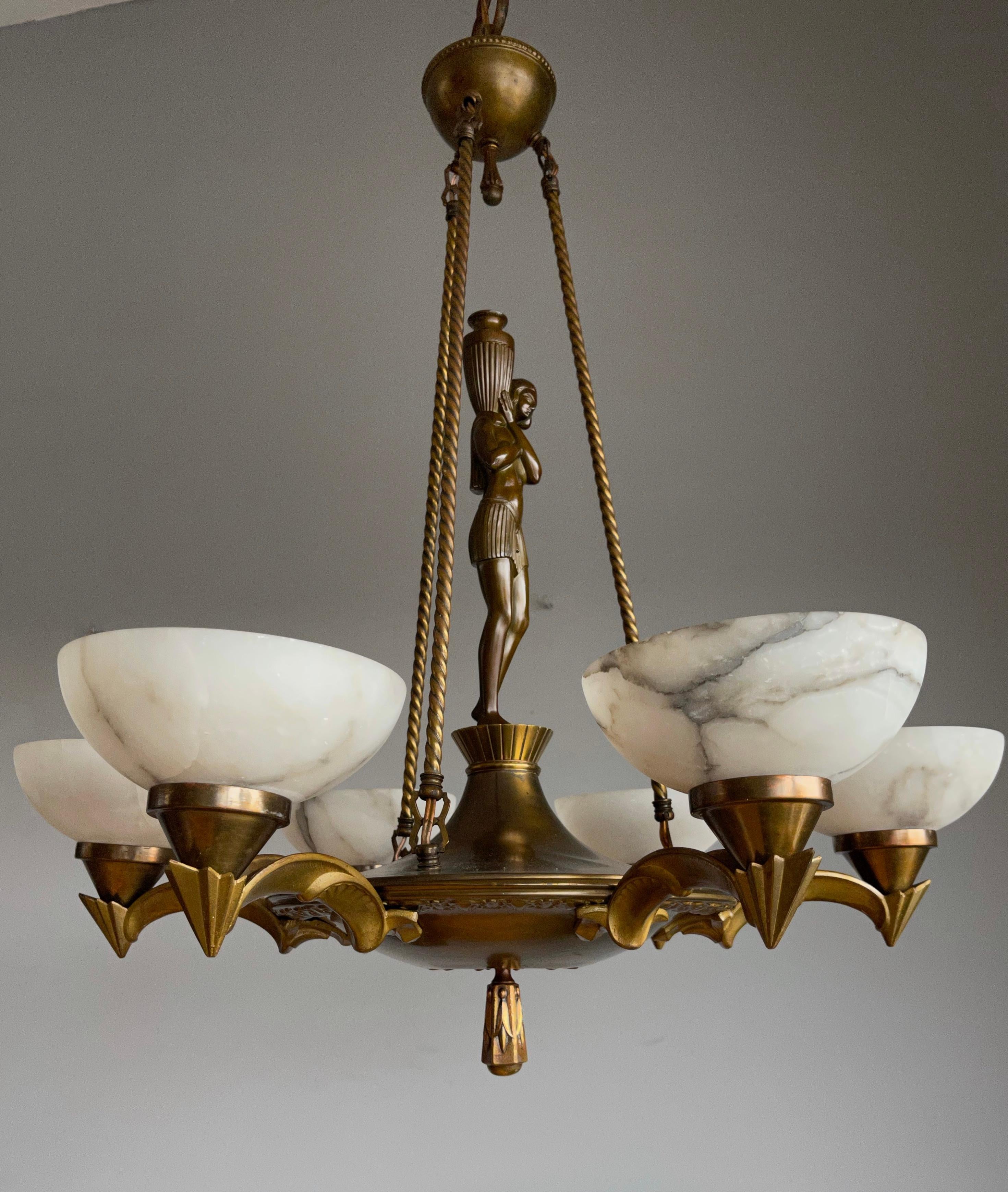 Pure and Stylish Art Deco Sculpture Chandelier w Stunning Alabaster Shades 1920s For Sale 8