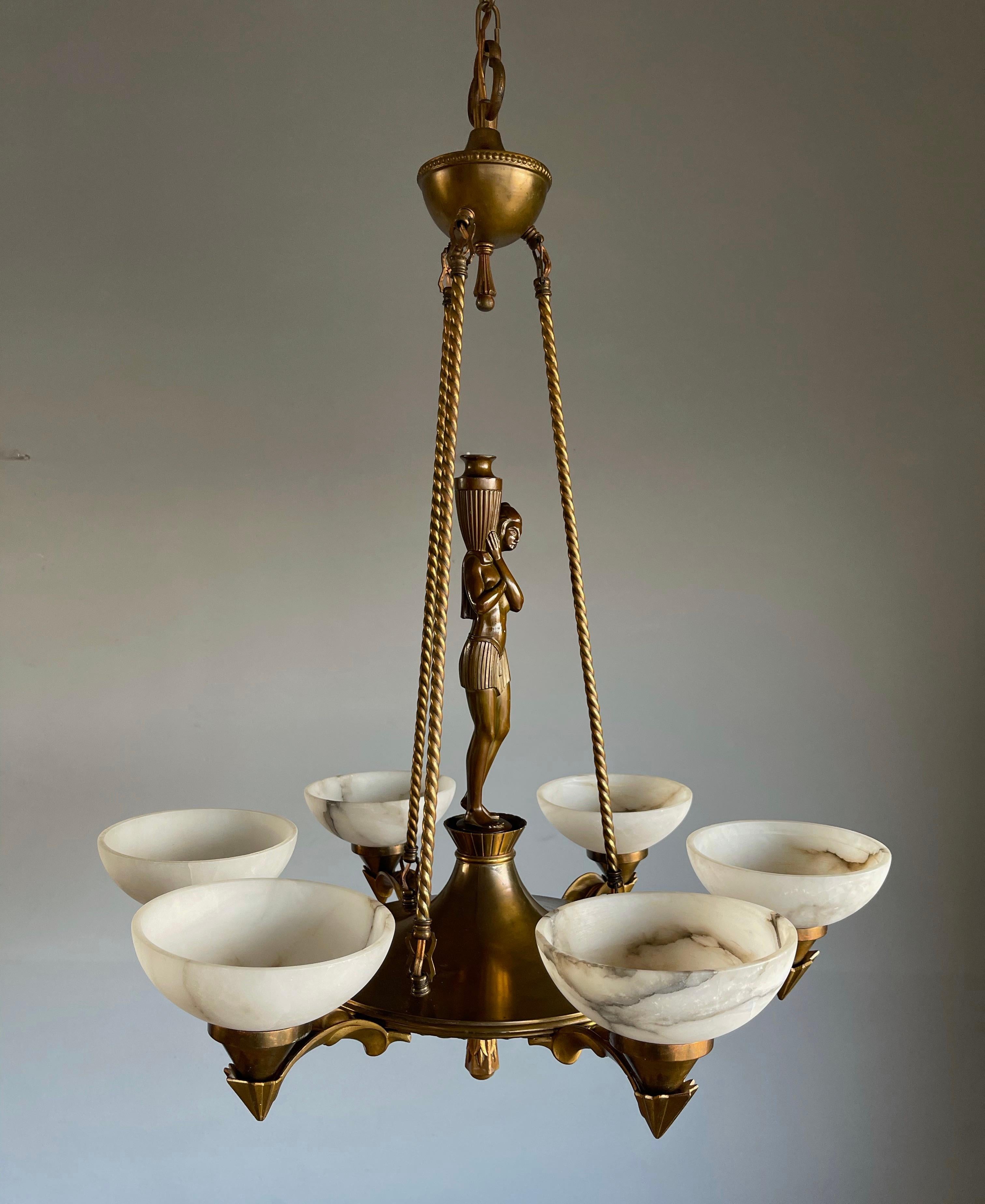 Pure and Stylish Art Deco Sculpture Chandelier w Stunning Alabaster Shades 1920s For Sale 10