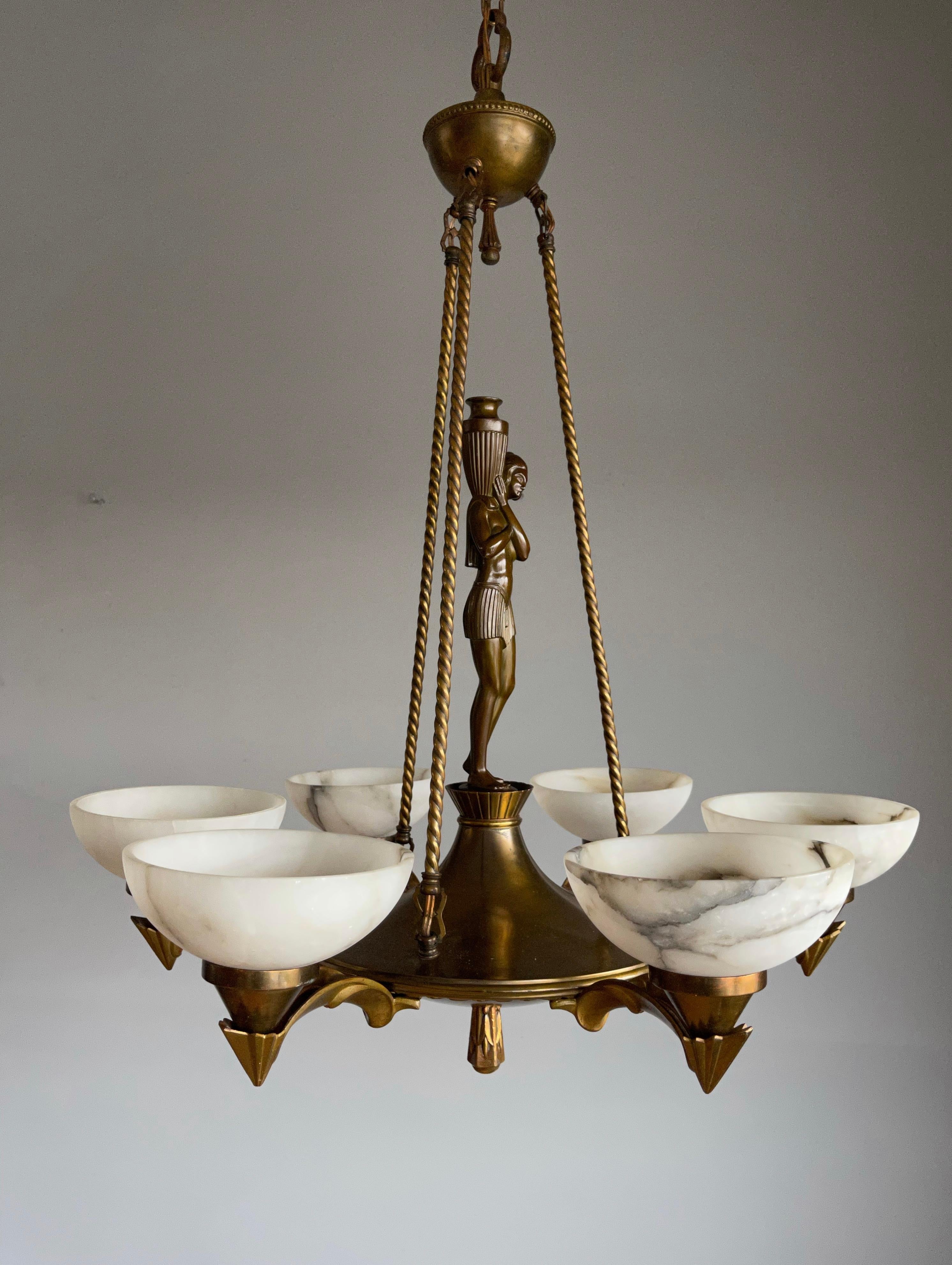 20th Century Pure and Stylish Art Deco Sculpture Chandelier w Stunning Alabaster Shades 1920s For Sale