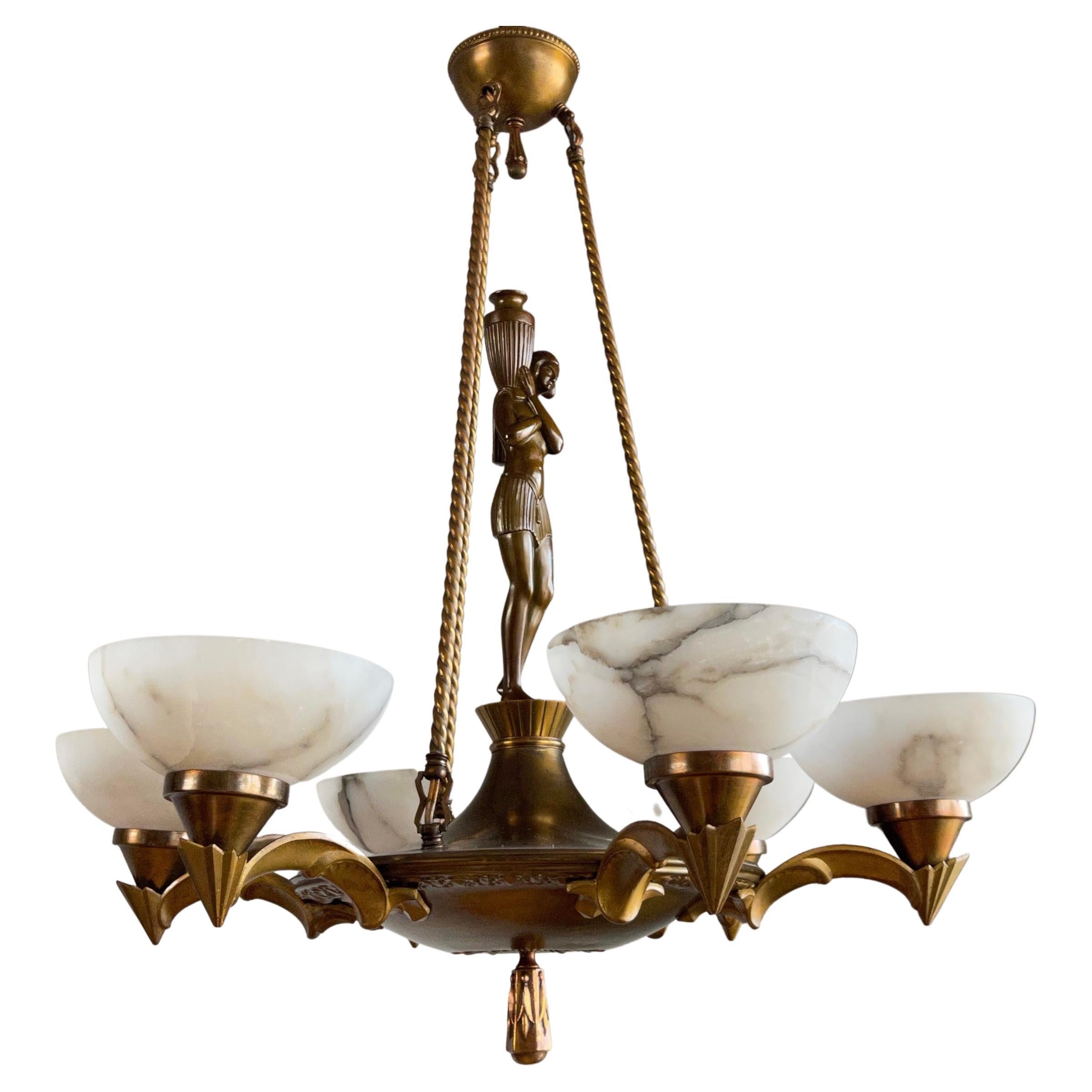 Pure and Stylish Art Deco Sculpture Chandelier w Stunning Alabaster Shades 1920s For Sale