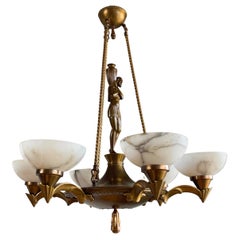 Pure and Stylish Art Deco Sculpture Chandelier w Stunning Alabaster Shades 1920s