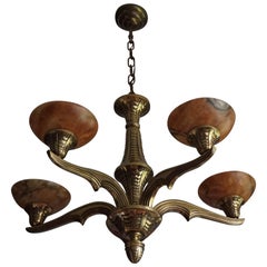 Pure and Stylish Bronze Art Deco Chandelier with Stunning Alabaster Shades 1920s