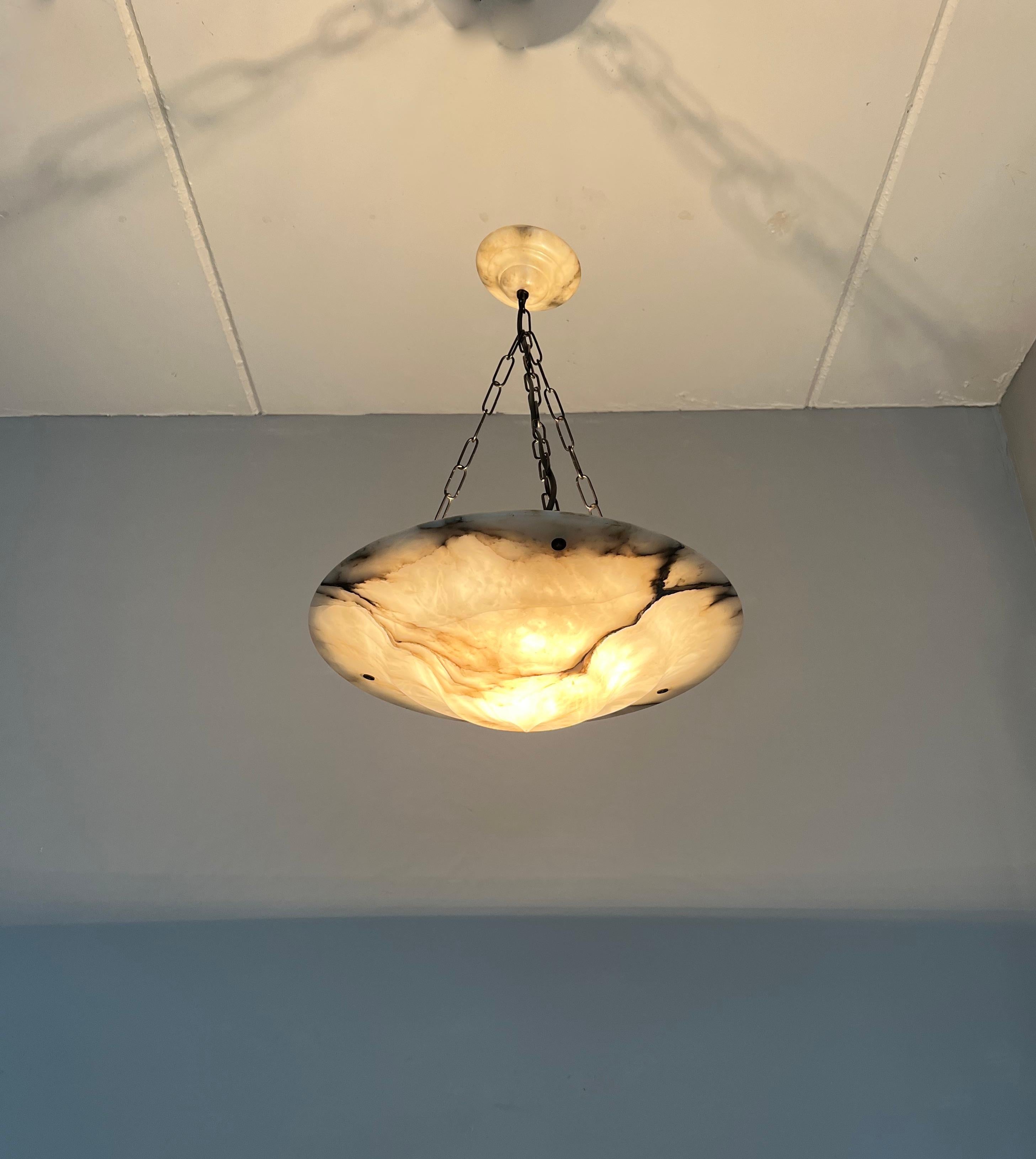 Pure Art Deco Alabaster Ceiling Light / Pendant with Matt Black Chain & Canopy 3
