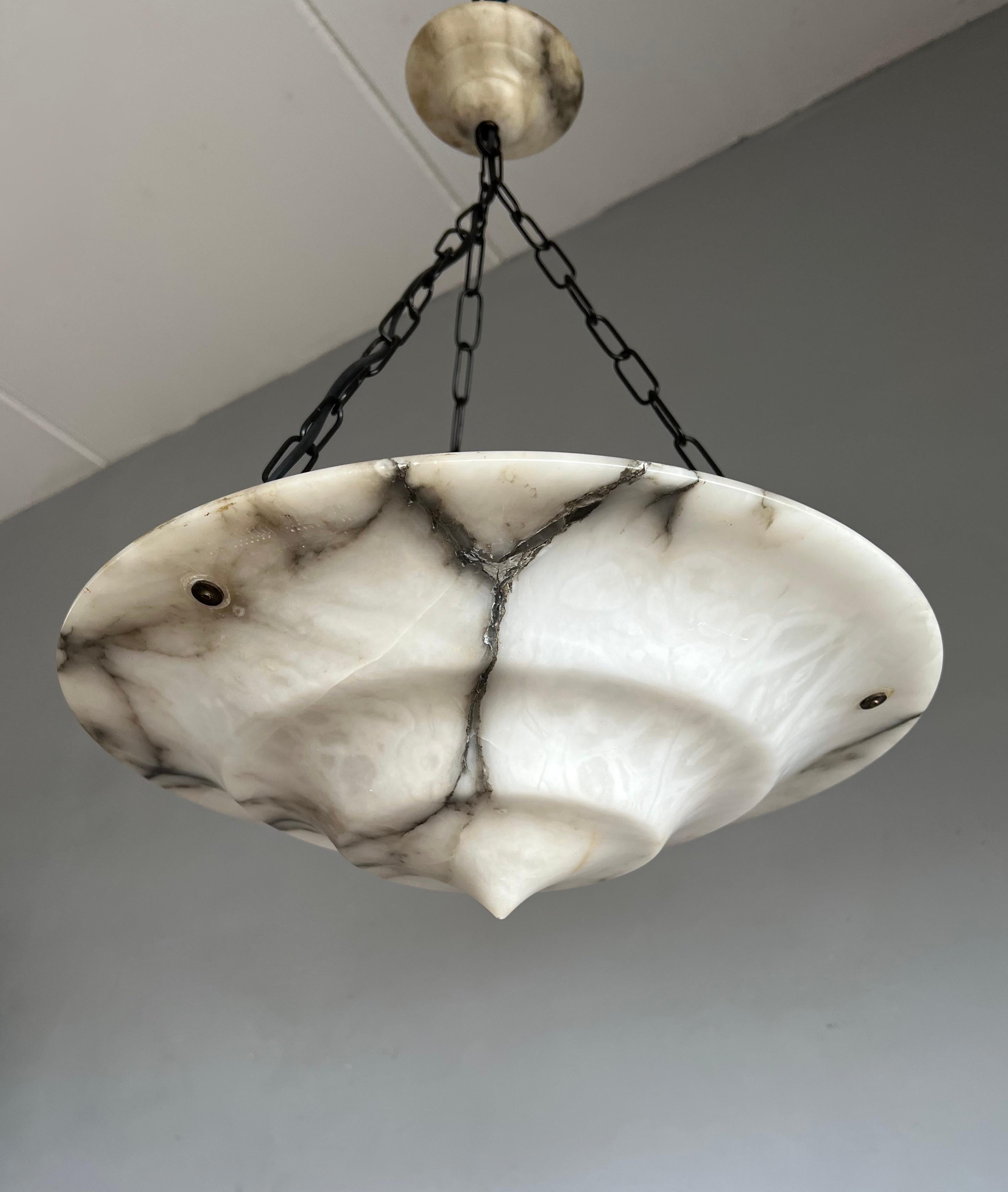 Pure Art Deco Alabaster Ceiling Light / Pendant with Matt Black Chain & Canopy 6