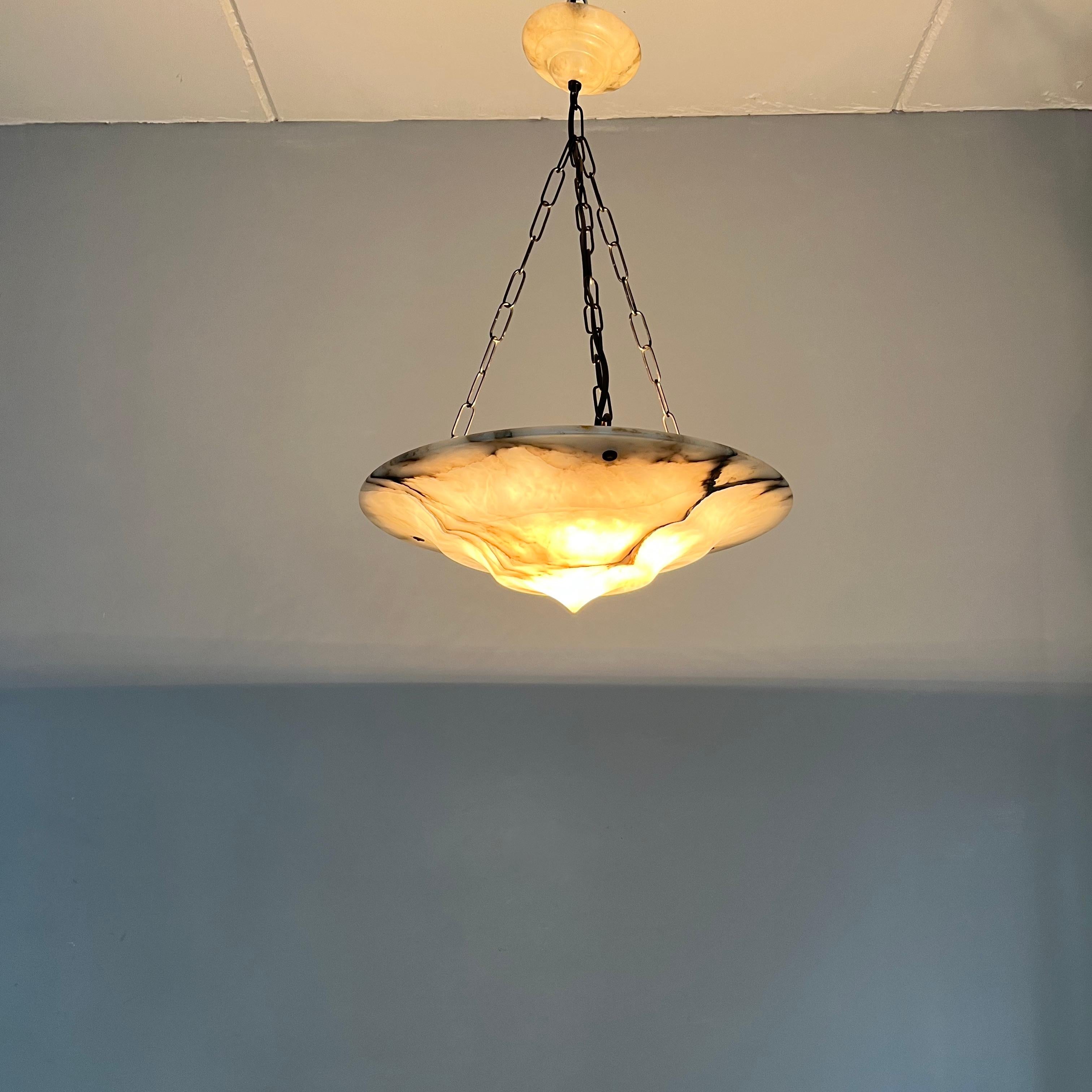 Pure Art Deco Alabaster Ceiling Light / Pendant with Matt Black Chain & Canopy 7