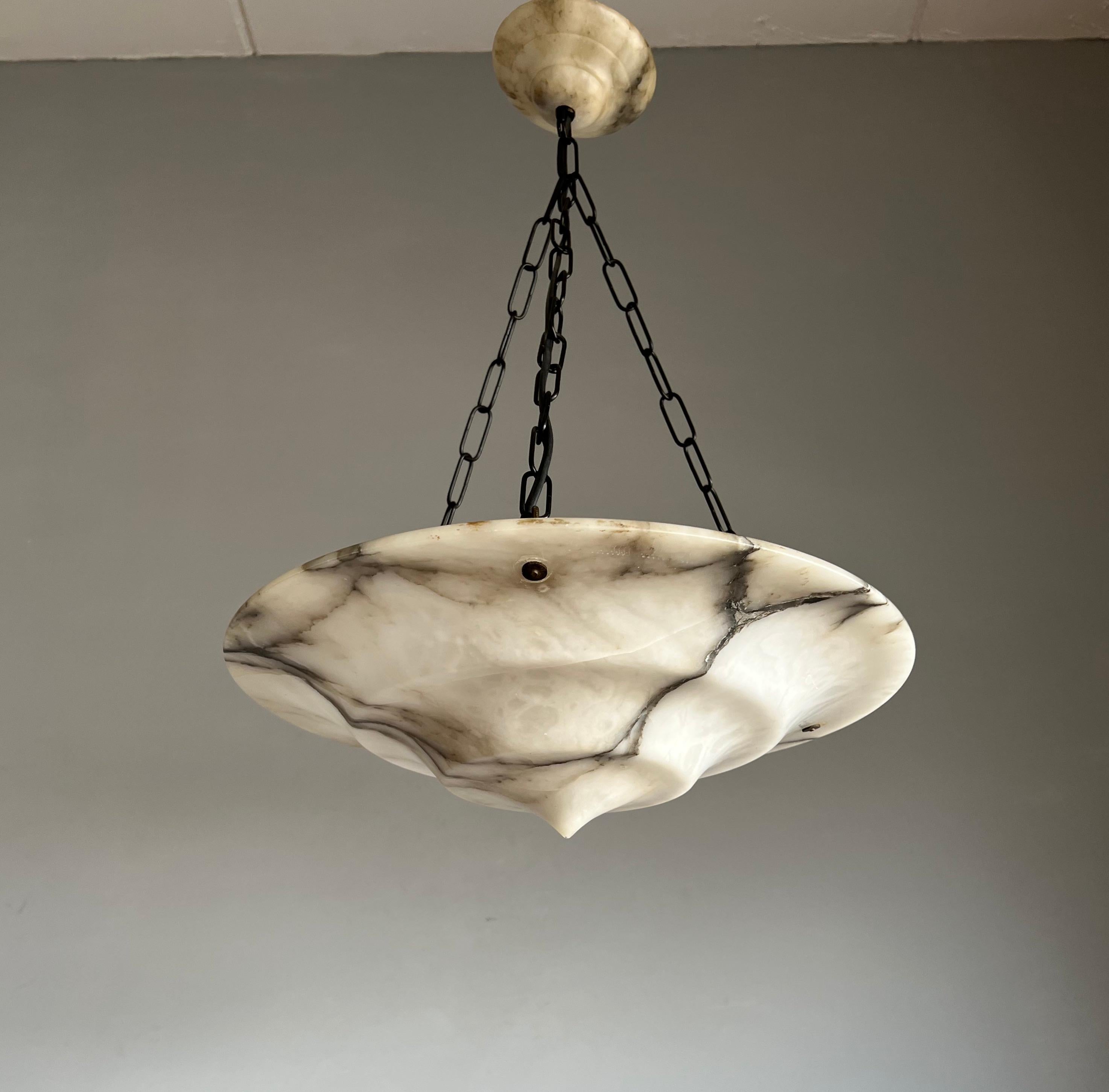 Pure Art Deco Alabaster Ceiling Light / Pendant with Matt Black Chain & Canopy 12