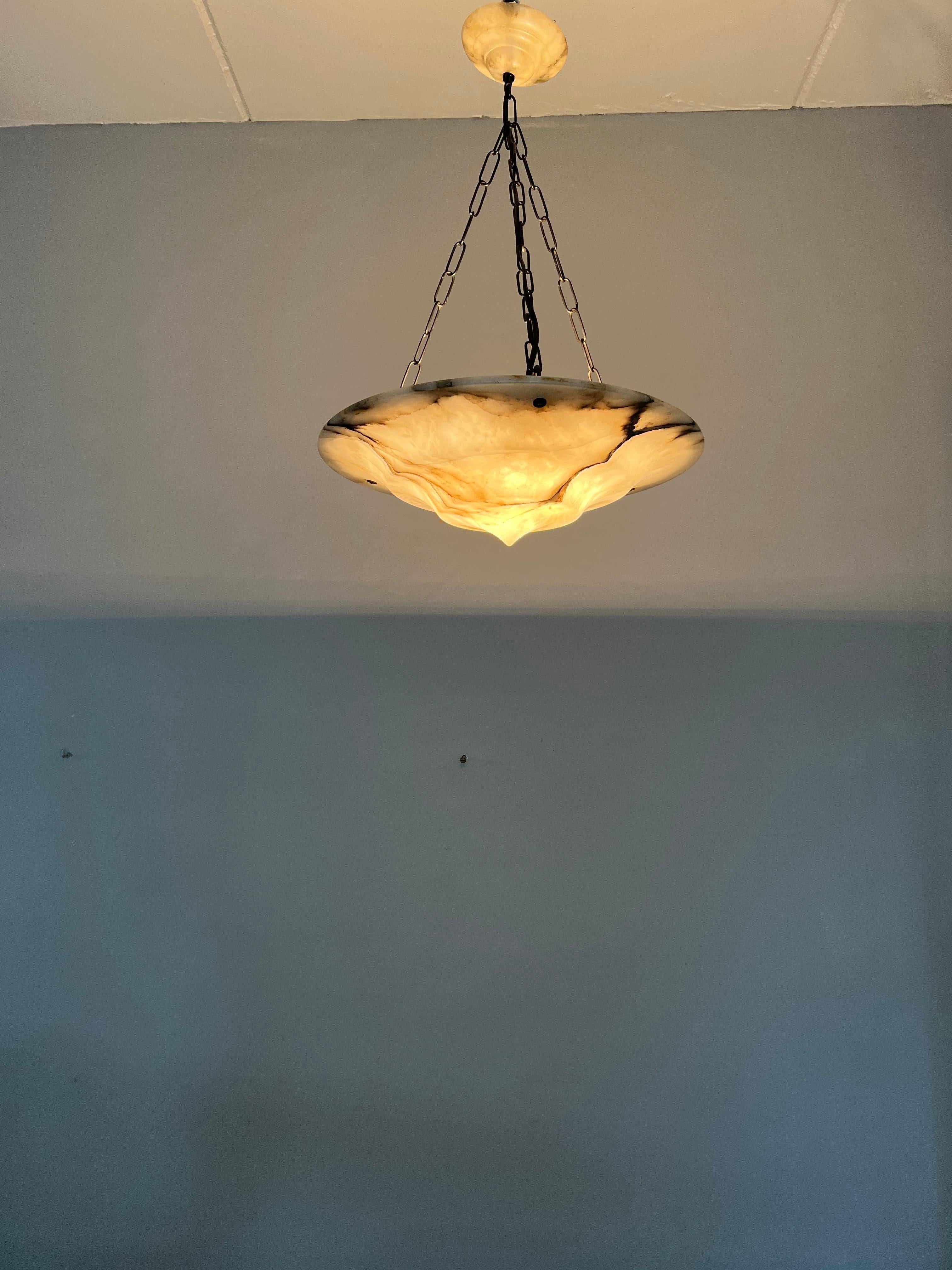 European Pure Art Deco Alabaster Ceiling Light / Pendant with Matt Black Chain & Canopy