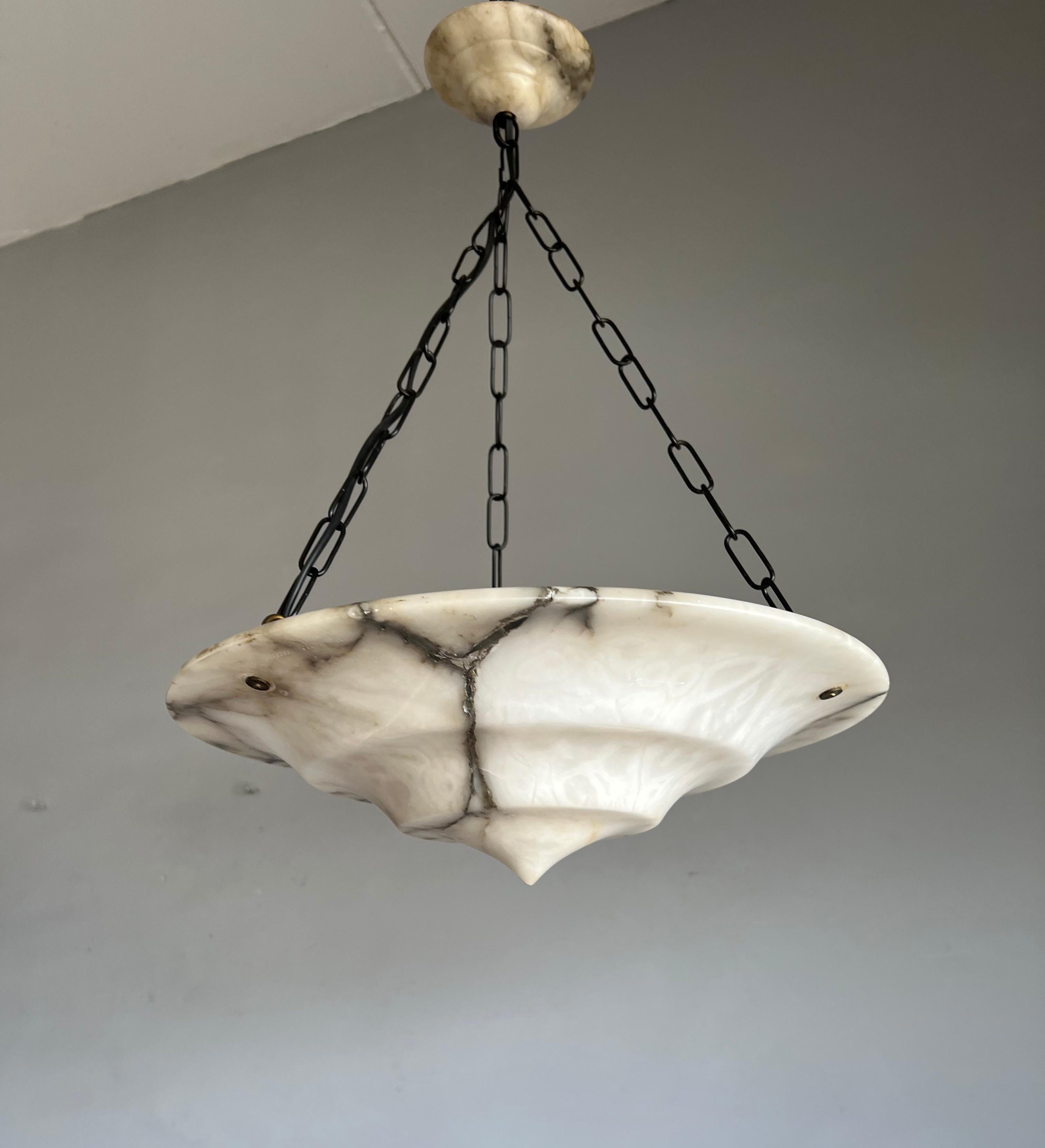 Blackened Pure Art Deco Alabaster Ceiling Light / Pendant with Matt Black Chain & Canopy