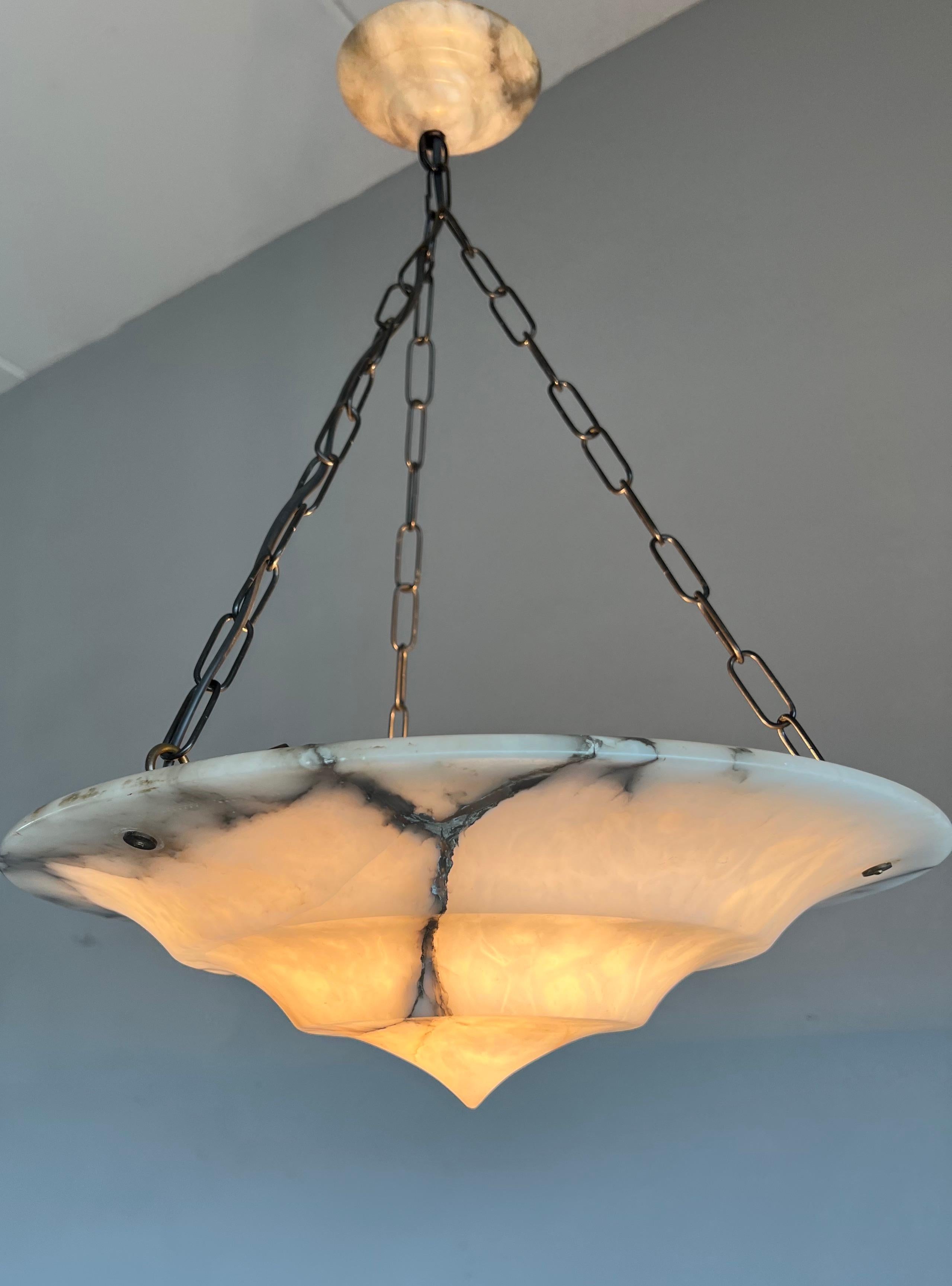 20th Century Pure Art Deco Alabaster Ceiling Light / Pendant with Matt Black Chain & Canopy