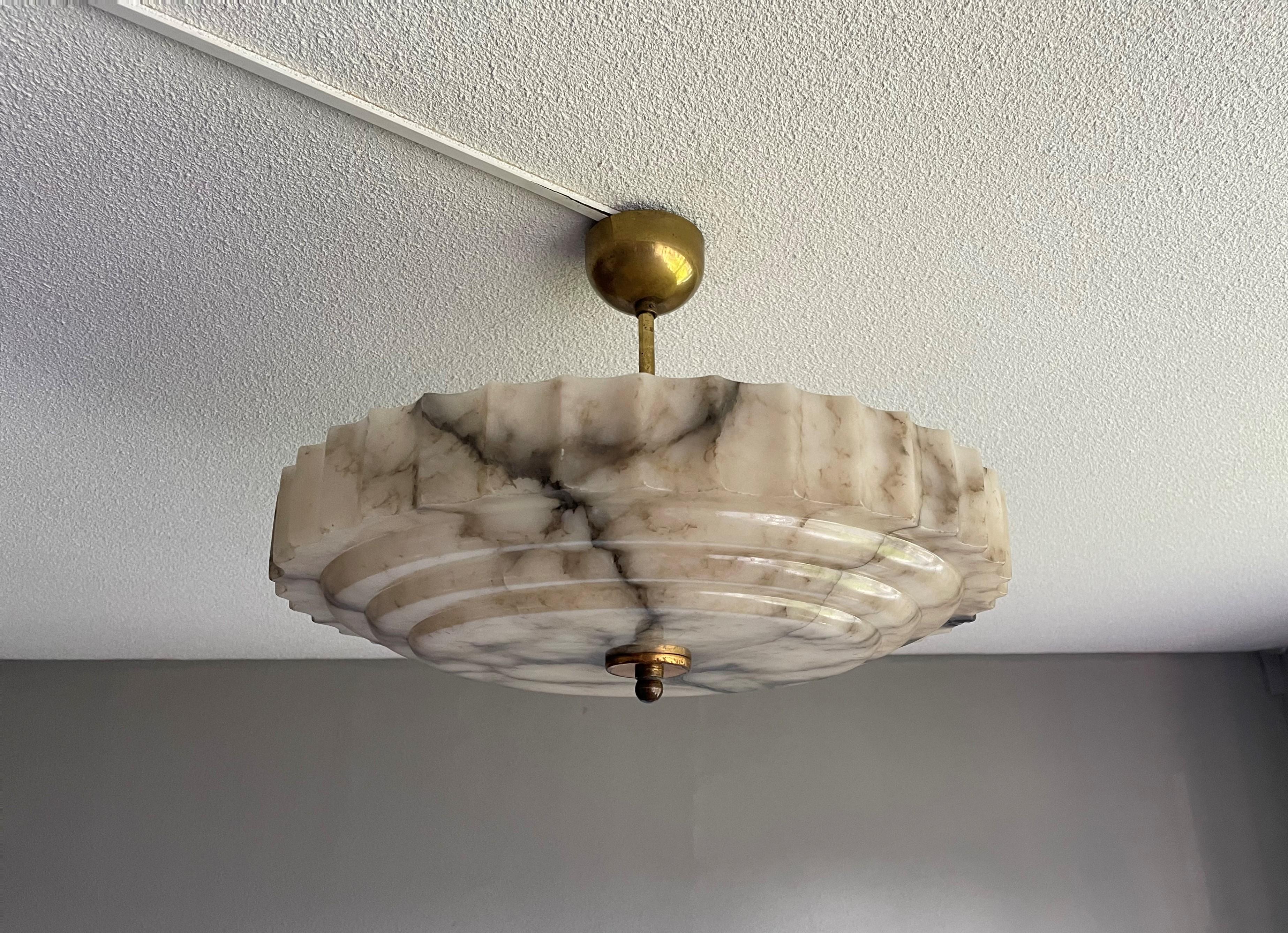 Hand-Carved Pure Art Deco Alabaster Flush Mount / Pendant w. Brass Canopy, Rod and Finial