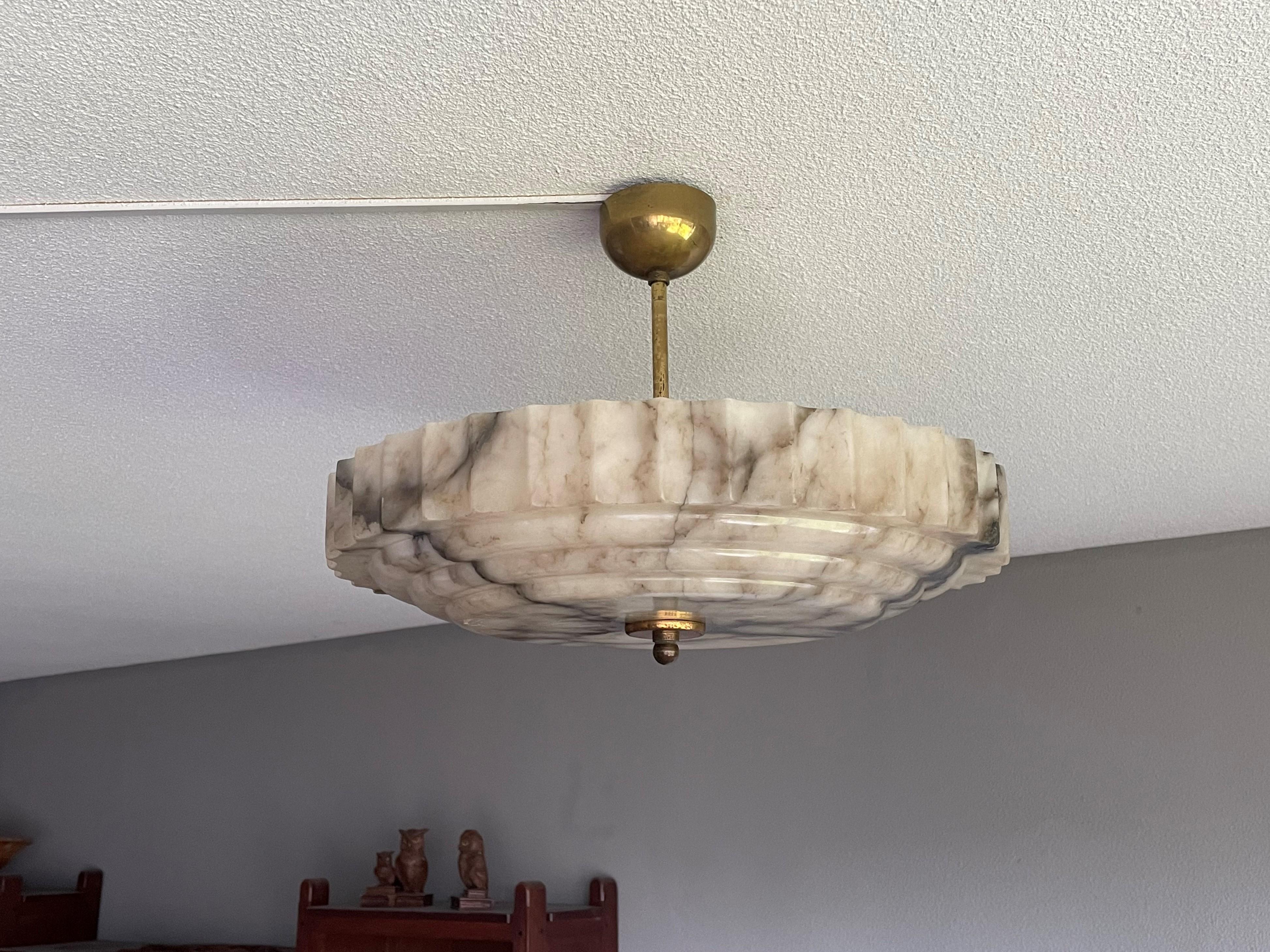 Pure Art Deco Alabaster Flush Mount / Pendant w. Brass Canopy, Rod and Finial 1