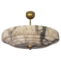 Antique Pure Art Deco Alabaster Flush Mount / Pendant w. Brass Canopy, Rod and Finial