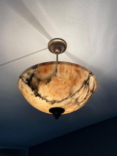 Pure Art Deco Alabaster Flush Mount / Pendant with Bronzed Stem, Finial & Canopy