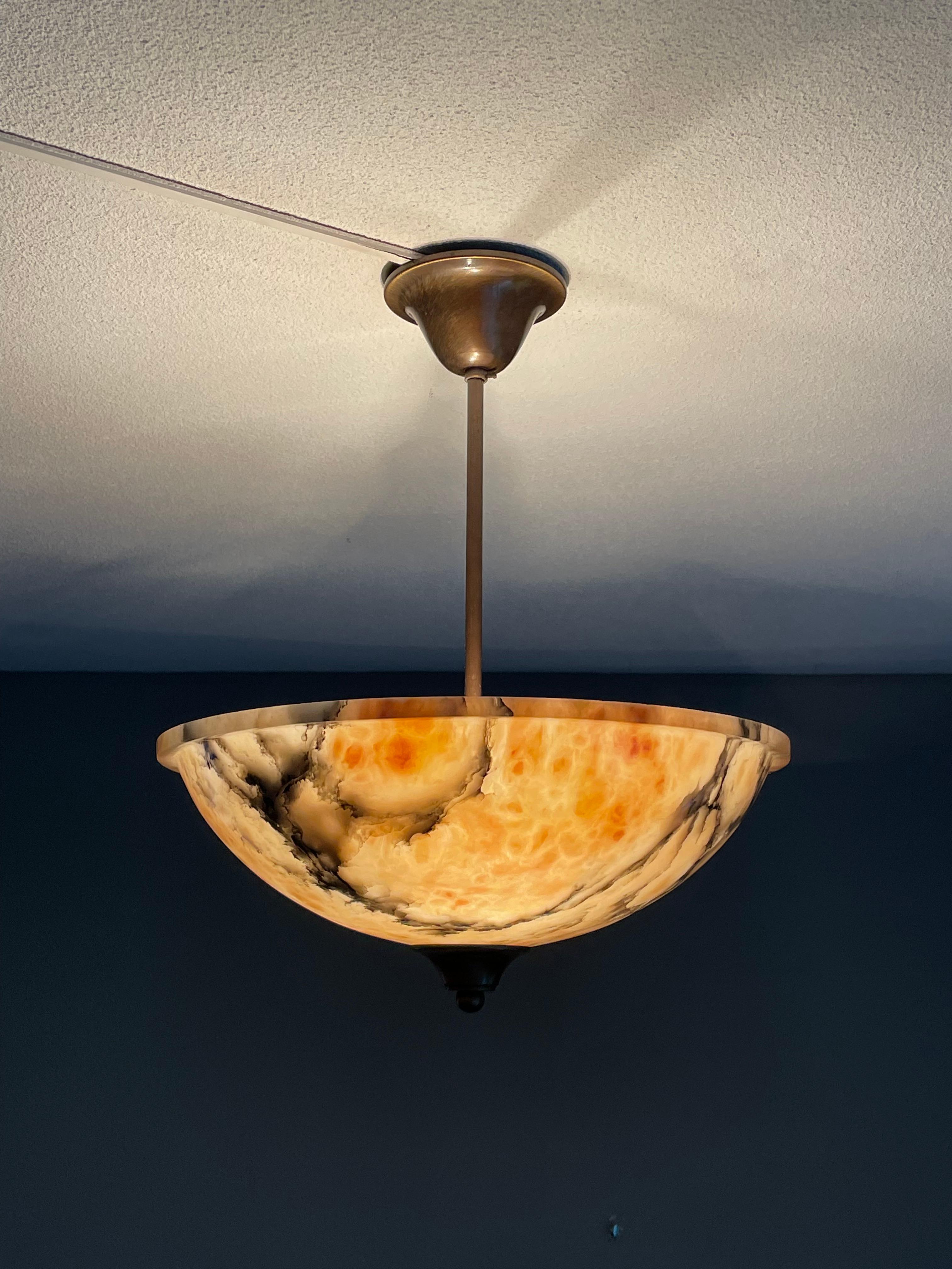 Pure Art Deco Alabaster Flush Mount / Pendant with Bronzed Stem, Finial & Canopy In Good Condition In Lisse, NL
