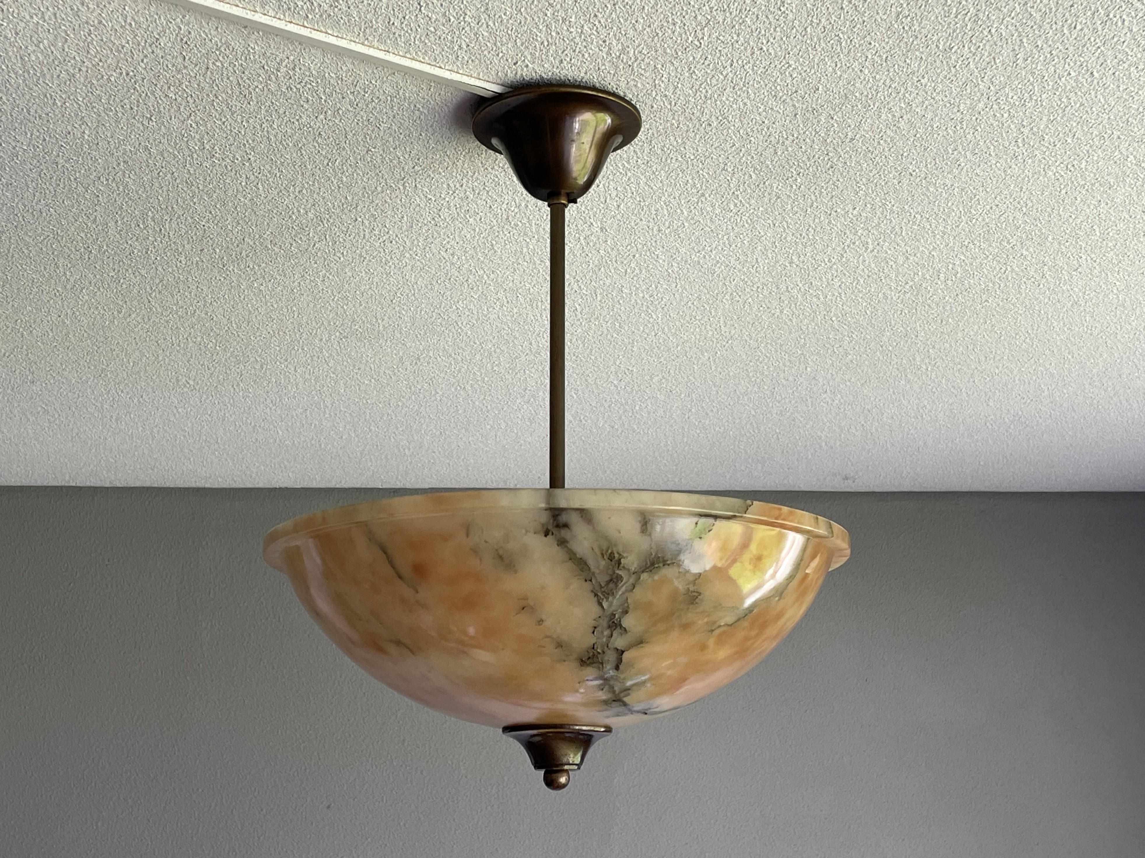 20th Century Pure Art Deco Alabaster Flush Mount / Pendant with Bronzed Stem, Finial & Canopy
