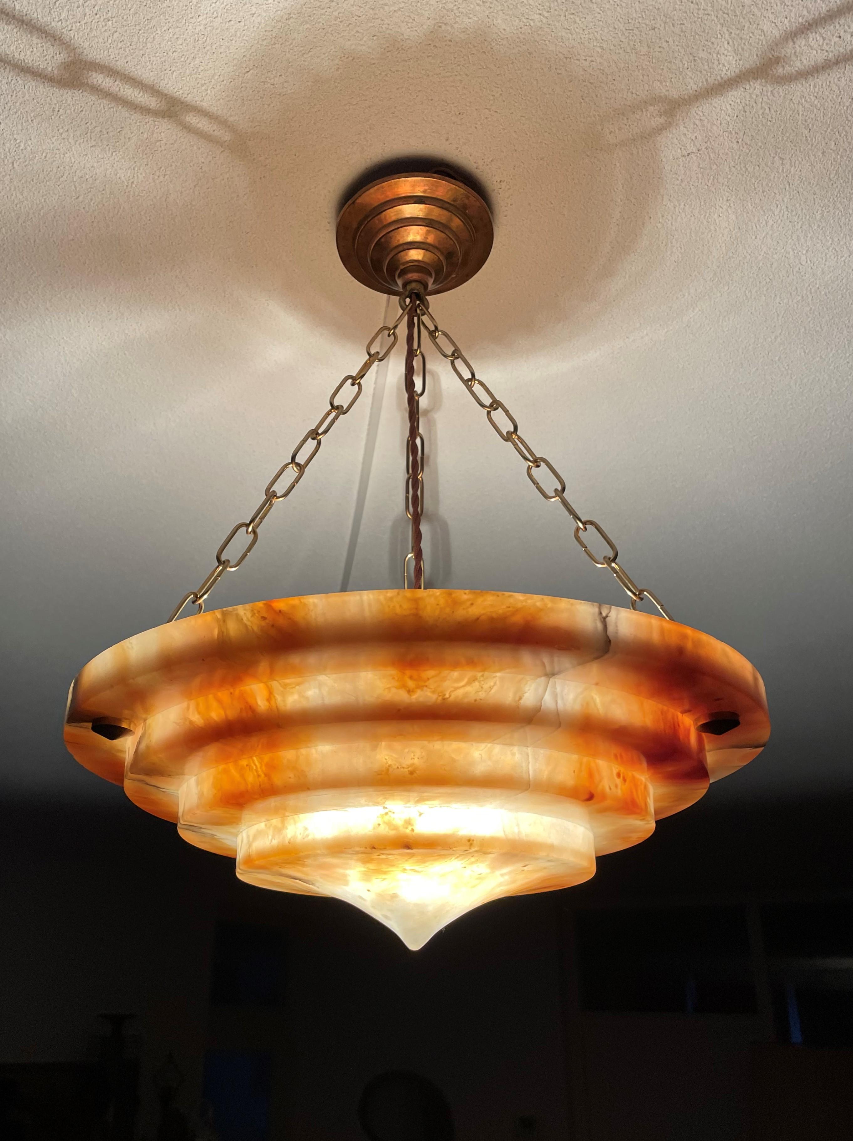 Pure Art Deco Alabaster Pendant Light w. Matching Copper Canopy & Bronzed Chain 1