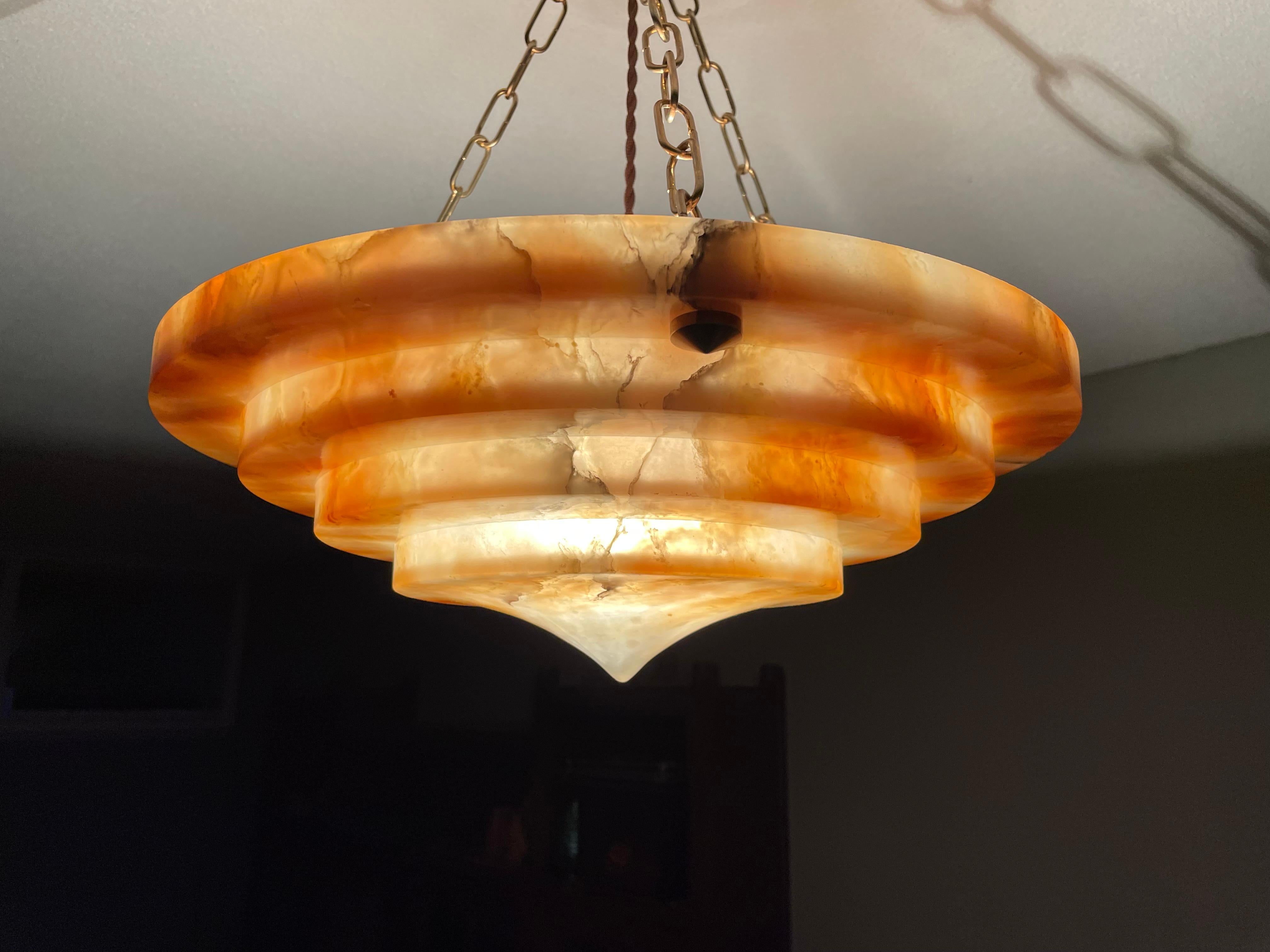 Pure Art Deco Alabaster Pendant Light w. Matching Copper Canopy & Bronzed Chain 3