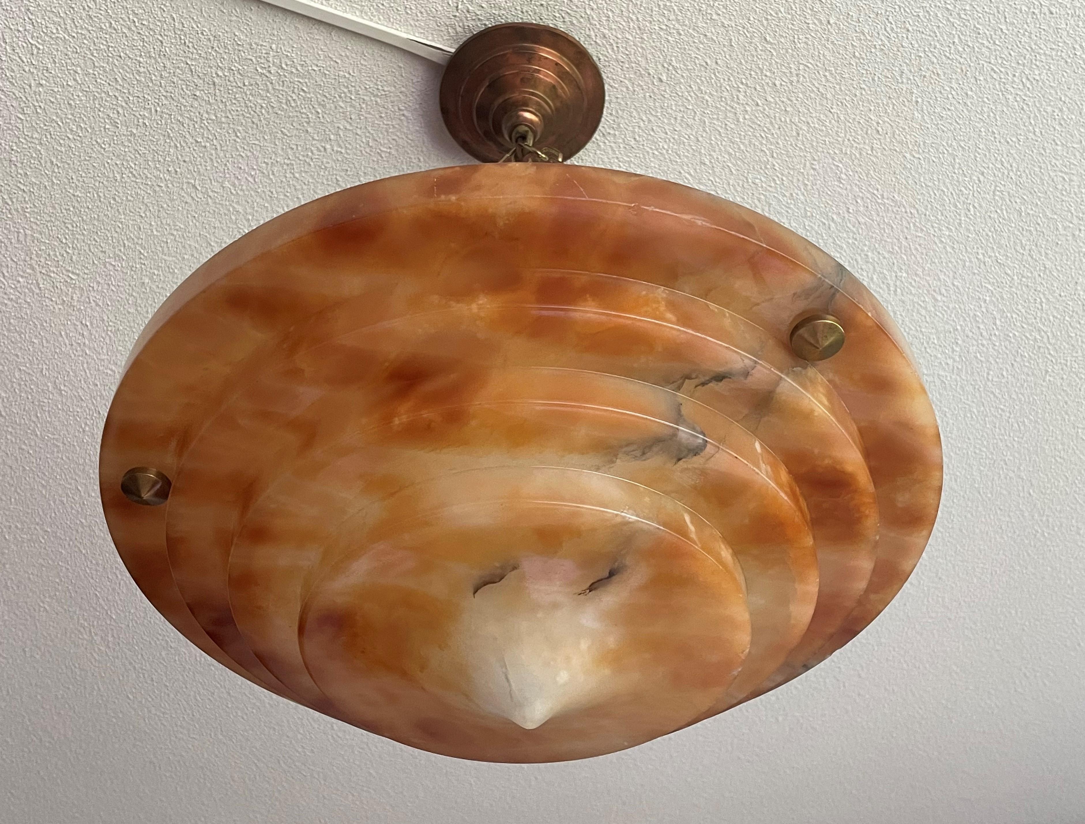 Pure Art Deco Alabaster Pendant Light w. Matching Copper Canopy & Bronzed Chain 4